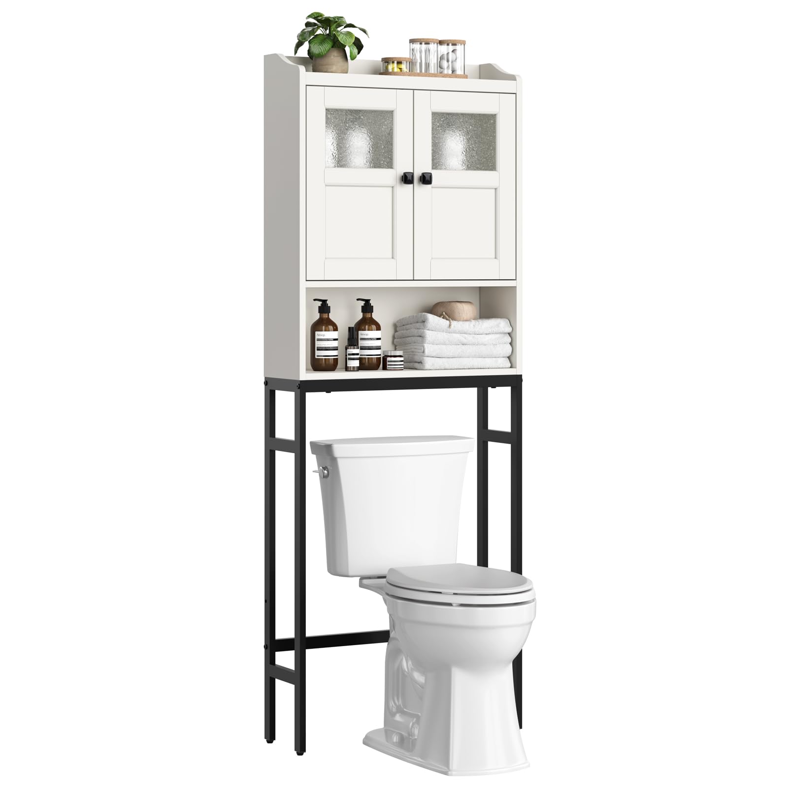 Over The Toilet Storage Cabinet with Double Doors & Soft Hinges - Bathroom Organizer Shelf for Towels, Toiletries & Essentials - Space-Saving Cream White Design for Small Bathrooms & Apartments