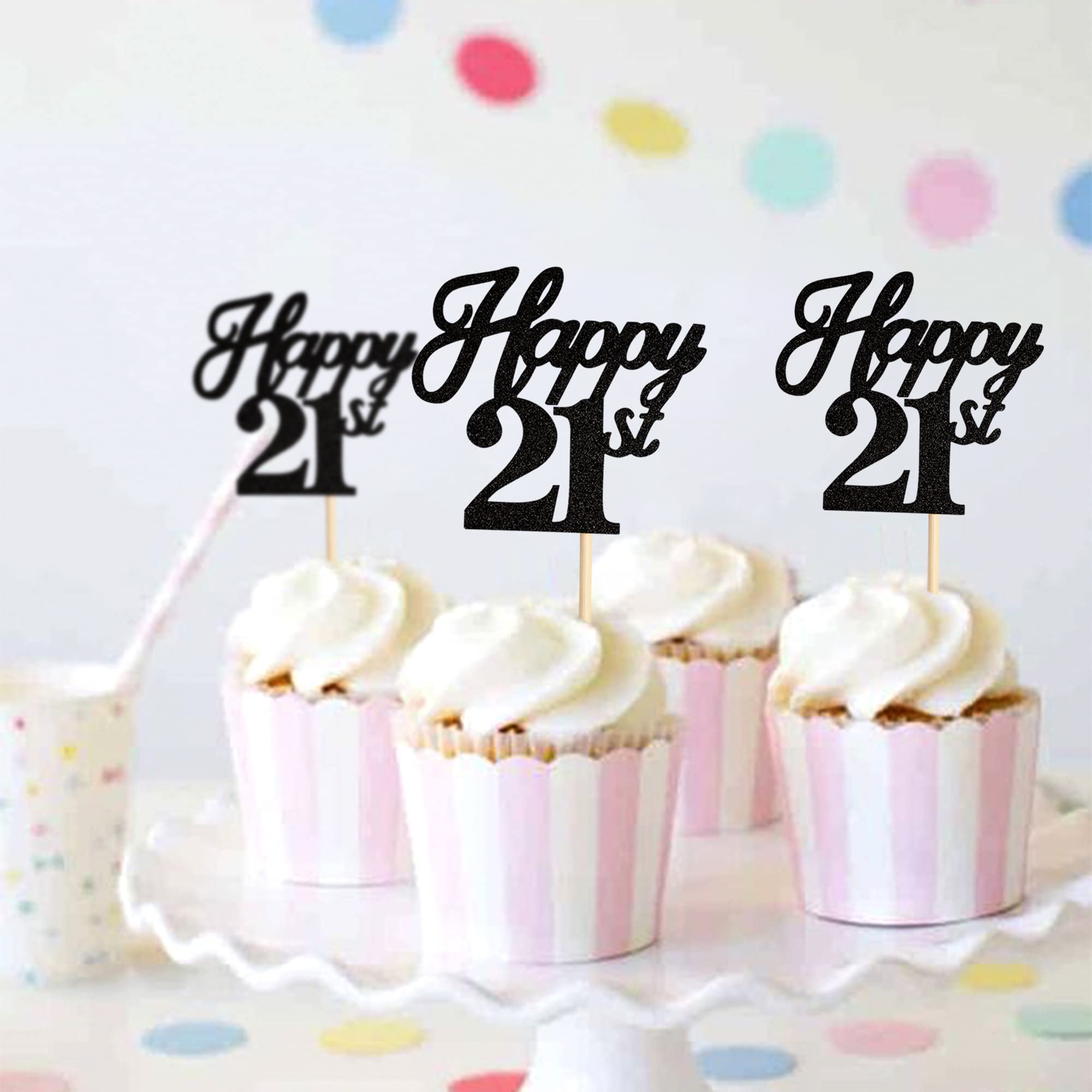 Ercadio 24 Pack Happy 21st Birthday Cupcake Toppers - Black Glitter 21st Cupcake Picks, Cheers to 21 Cake Decorations for Birthday, Wedding & Anniversary Parties - Perfect for Milestone Celebrations & Festive Dessert Displays