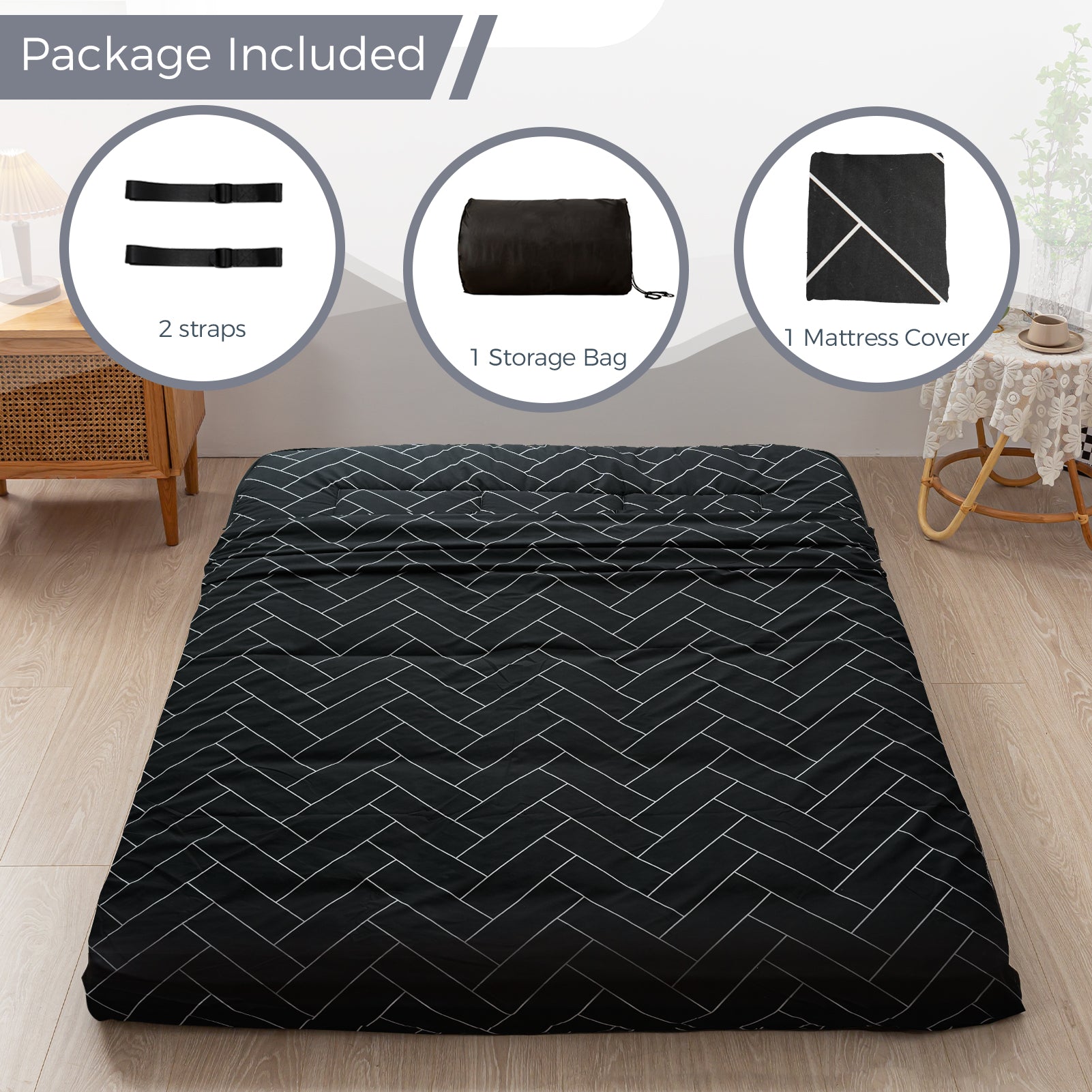 MAXYOYO Japanese Floor Futon Mattress - Black Geometric Pattern, 3-Inch Thick Foldable Sleeping Pad for Guest Bed, Floor Bed, Camping & Travel | Comfortable & Space-Saving