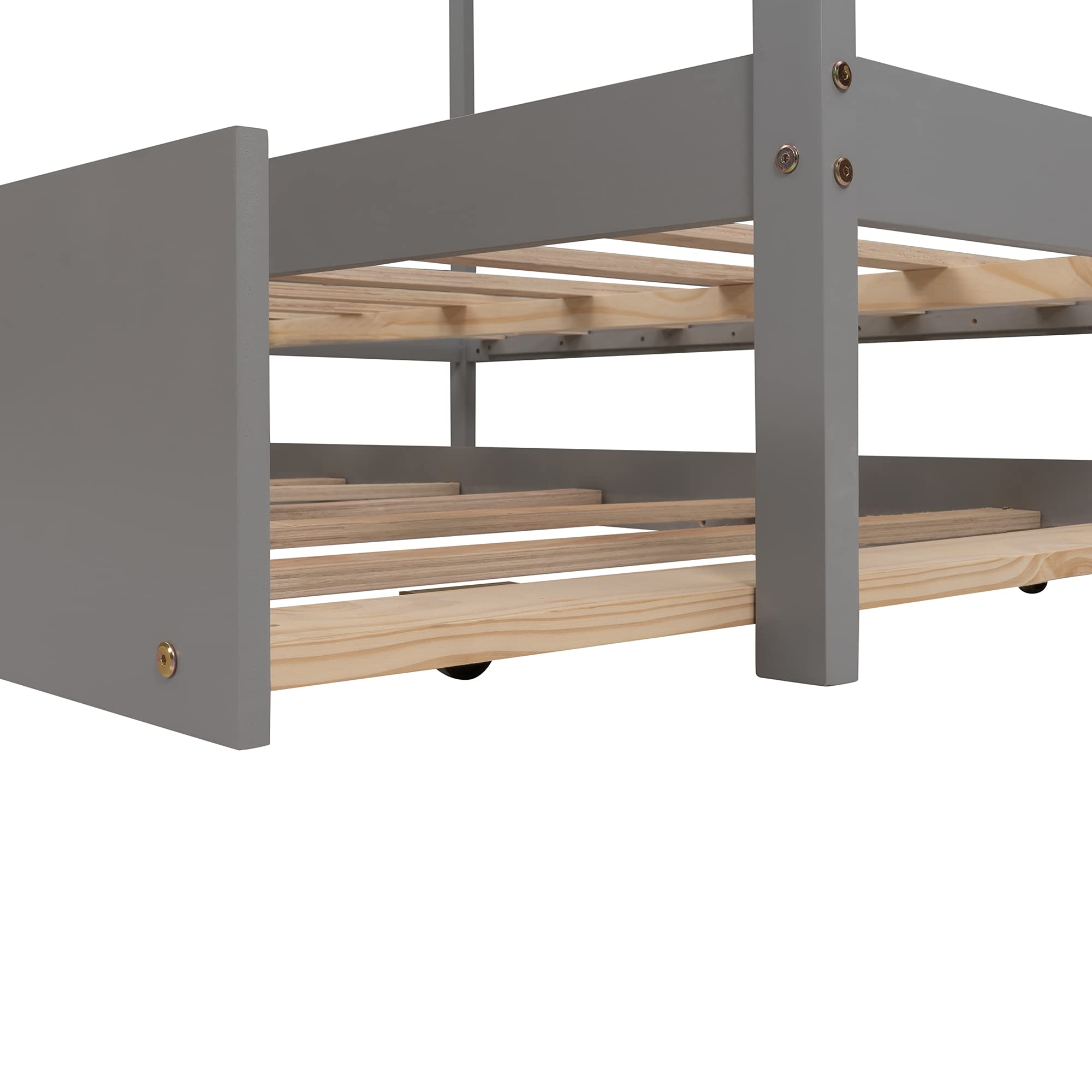 **Full Size Wooden House Bed with Twin Trundle - Solid Wood Platform Bed Frame with Roof for Kids, Teens & Toddlers - Gray - Perfect for Nursery, Playroom & Kids' Bedroom Decor**