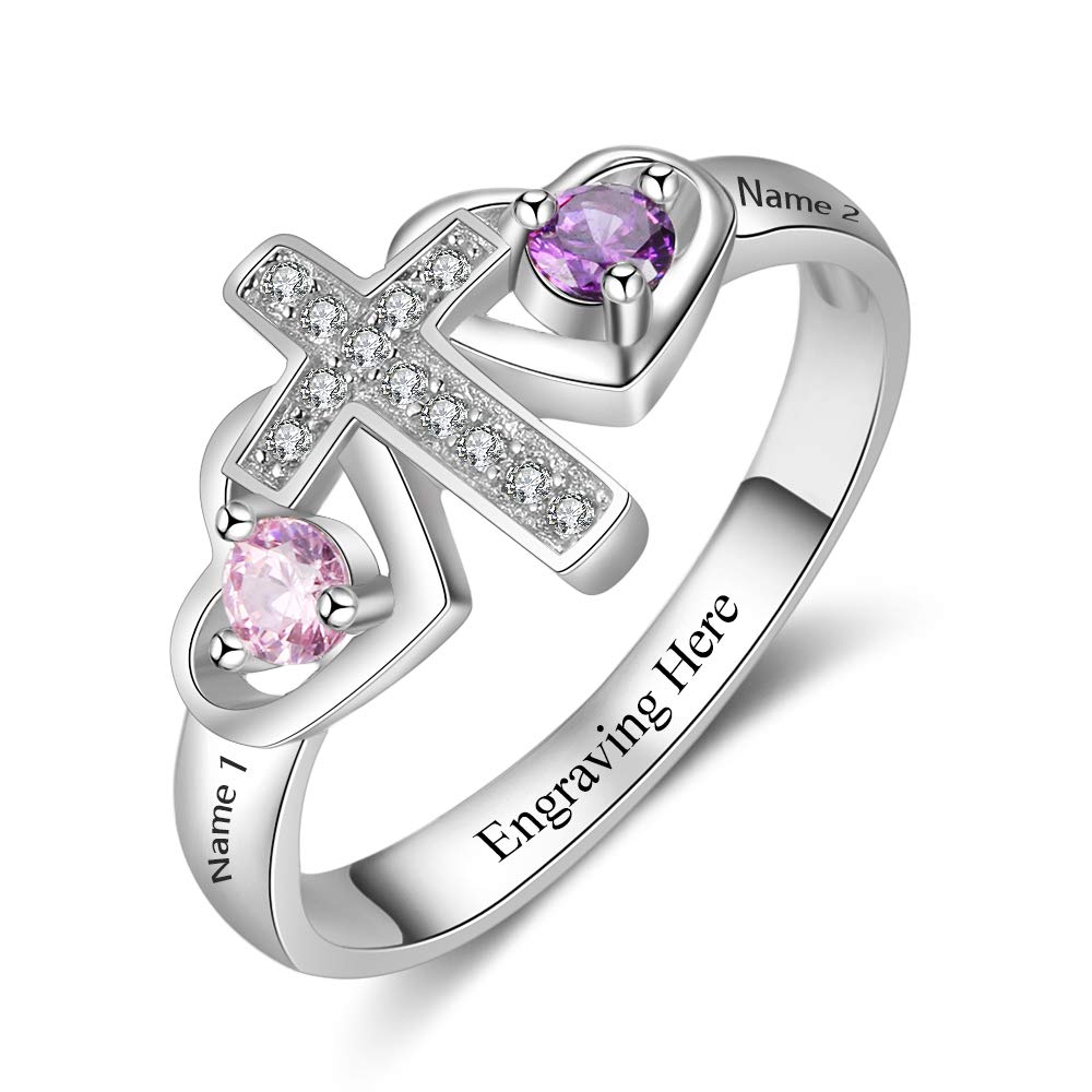 Personalized Sterling Silver Mother's Ring with 2 Birthstones & Names - Custom Engraved Cross Ring for Women, Mom, Grandma, Wife, Daughter - Perfect Mother's Day Gift, Promise Ring & Keepsake Jewelry for Special Occasions
