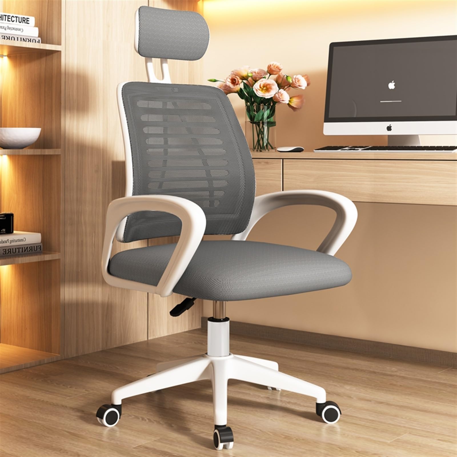 Ergonomic Office Chair with Fixed Armrests, Lumbar Support & Mesh High Back - Comfortable Foam Seat Cushion for Home & Office Workspace - Perfect for Long Hours of Sitting (Gray)