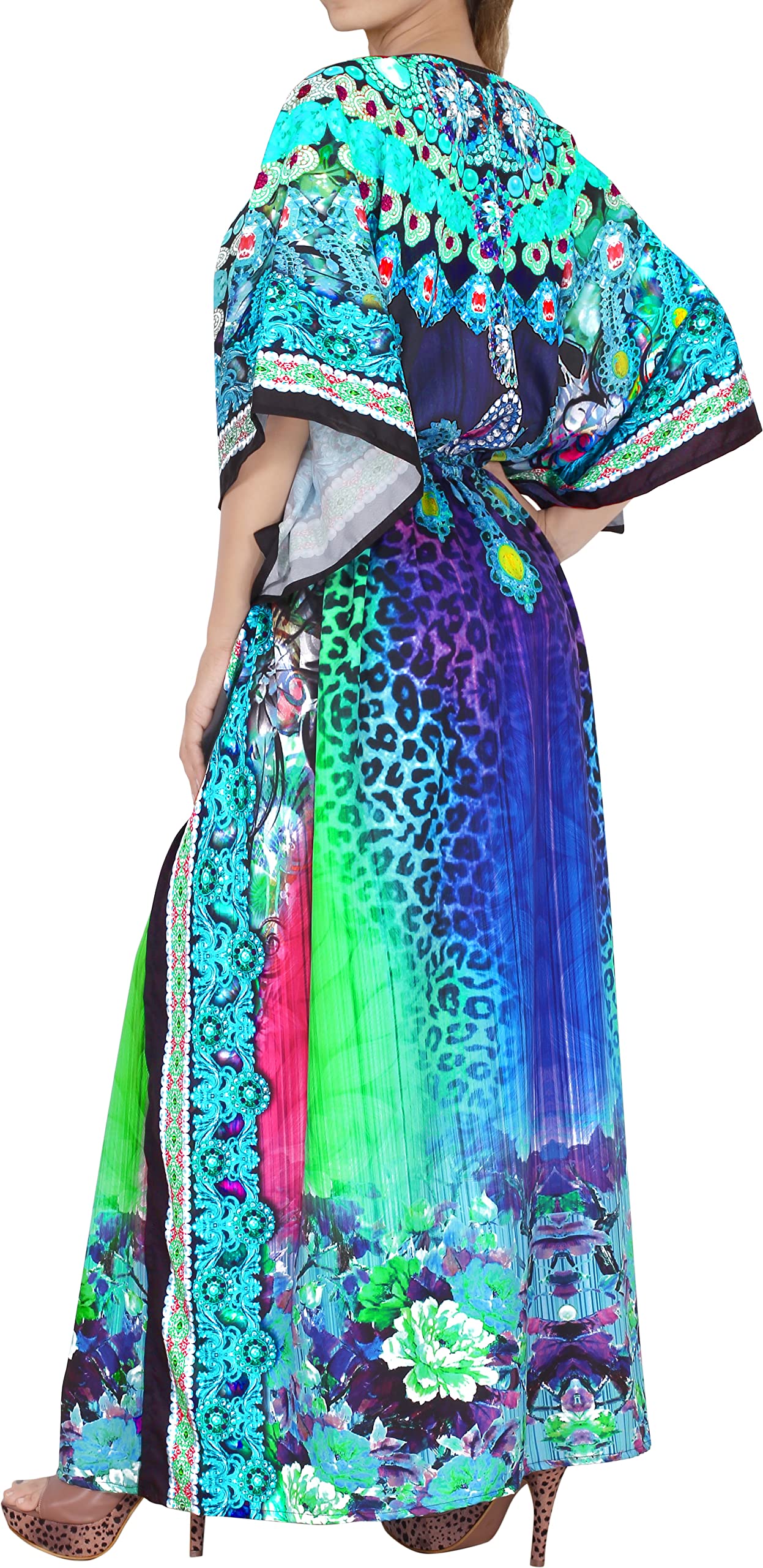 LA LEELA Women's Plus Size Maxi Caftan Dress with Long Slit - Flowy Boho Beach Cover Up, Sky Animal Print - Perfect for Vacation, Pool Party & Summer Outfits