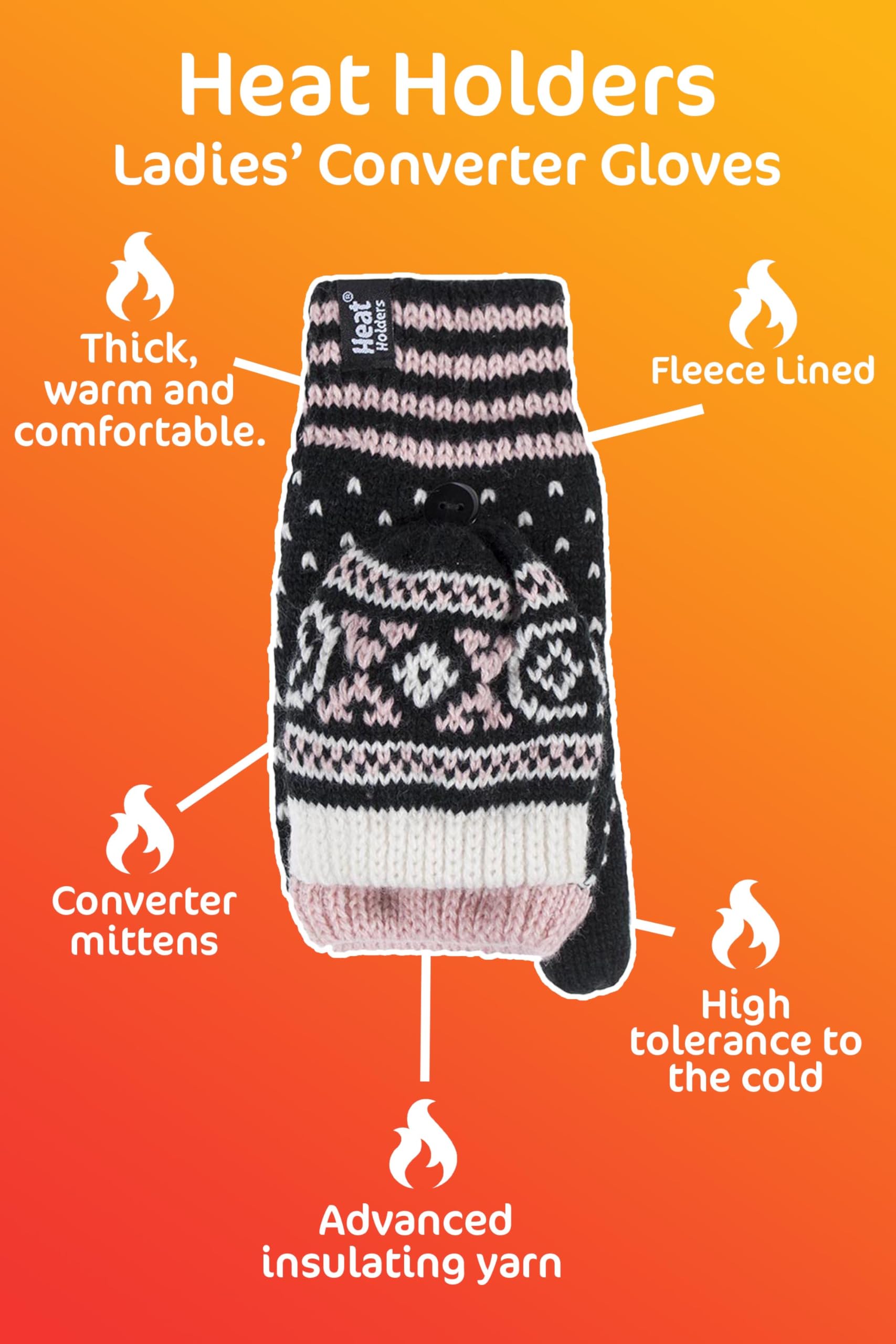 Heat Holders Women's Fleece Lined Thermal Winter Gloves - Ultra Warm Convertible Mittens for Cold Weather, Outdoor Activities & Snow Sports