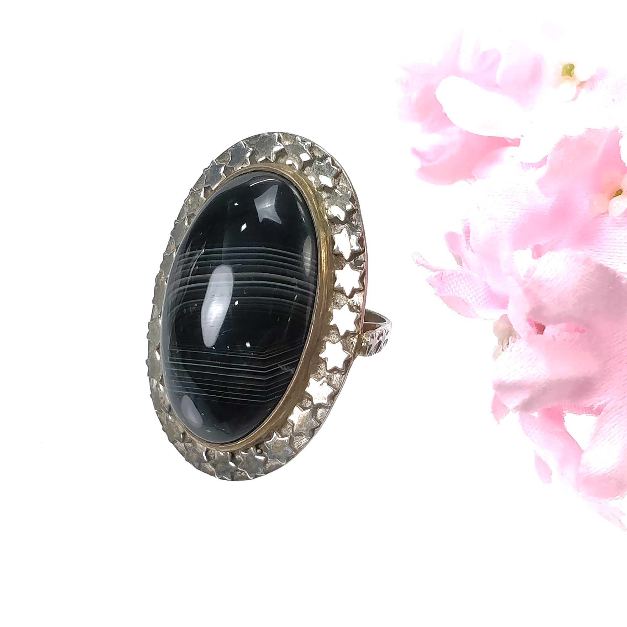 925 Sterling Silver Ring with Natural Botswana Agate Gemstone - Oval Cabochon Bezel Set Unisex Jewelry (Size 7 US) for Wedding, Anniversary & Everyday Fashion Accessory