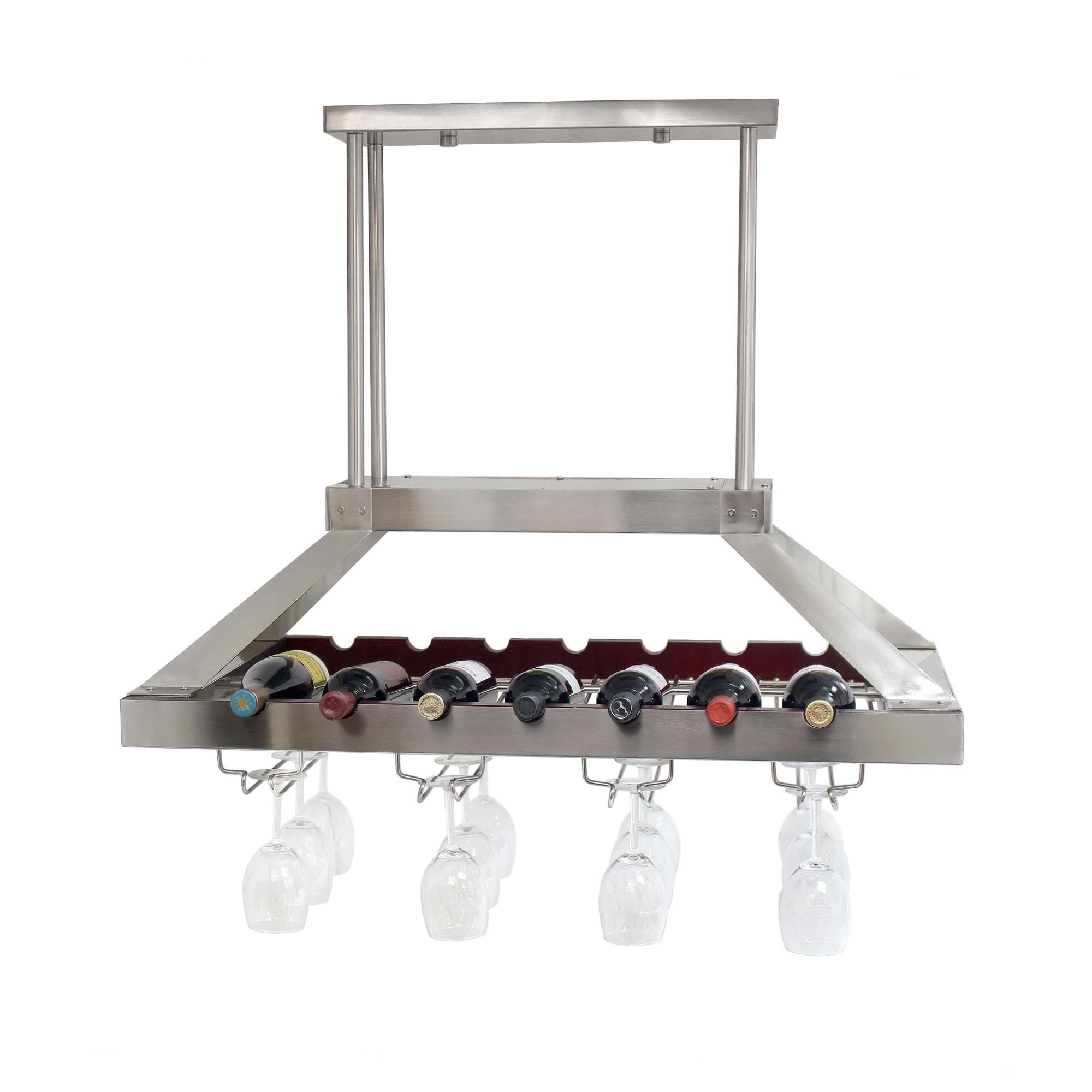 Elegant WR1000-BSN Brushed Nickel LED Pendant Light with Wine Rack - Modern Kitchen Island Hanging Chandelier for Bottle & Glass Storage Display - Perfect for Dining Room, Bar, and Restaurant Decor