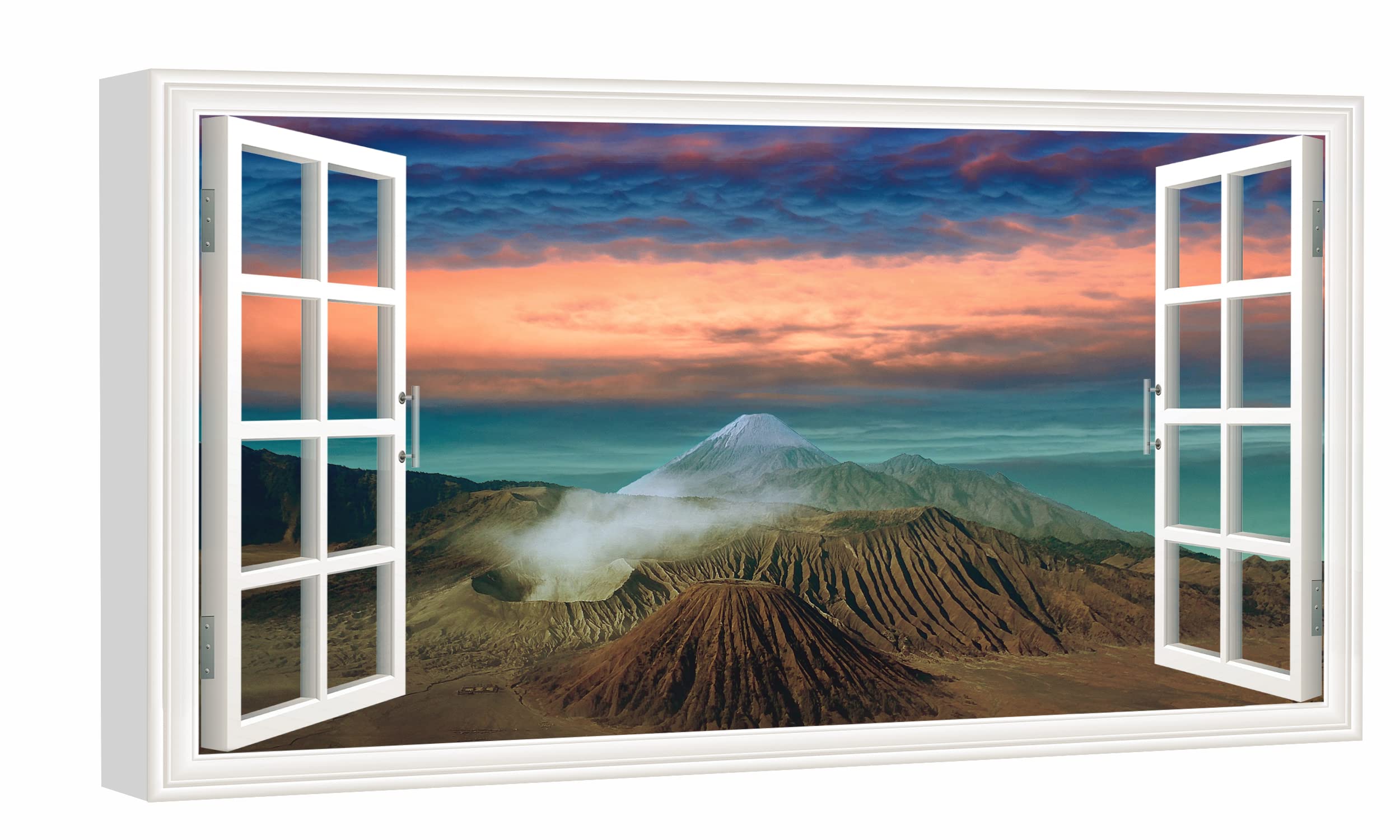 Volcano Landscape Canvas Art - Fake Open Window Wall Decor with Framed Painting for Living Room, Office, Bedroom - Ready to Hang - Perfect for Home & Office Decoration