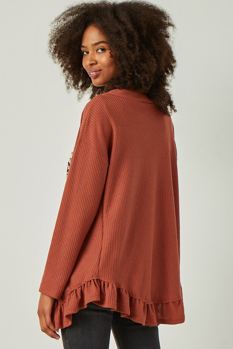 Women's Ruffle Hem Waffle Knit Cardigan Sweater - Soft Long Sleeve Open Front Cover Up for Fall & Winter - Perfect for Office, Date Night and Casual Outfits