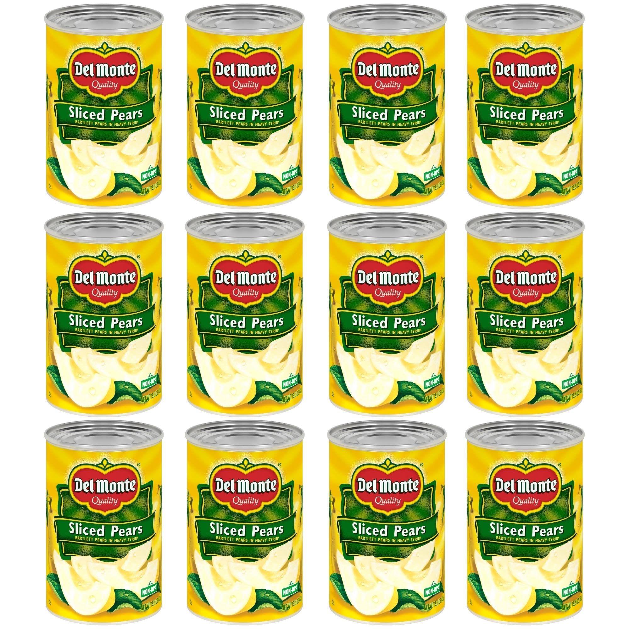 DEL MONTE Sliced Bartlett Pears in Heavy Syrup - Canned Fruit, 15.25 Oz (Pack of 12) | Sweet & Juicy Pears for Snacks, Desserts, Salads & Baking | Non-GMO, Gluten-Free, Ready-to-Eat