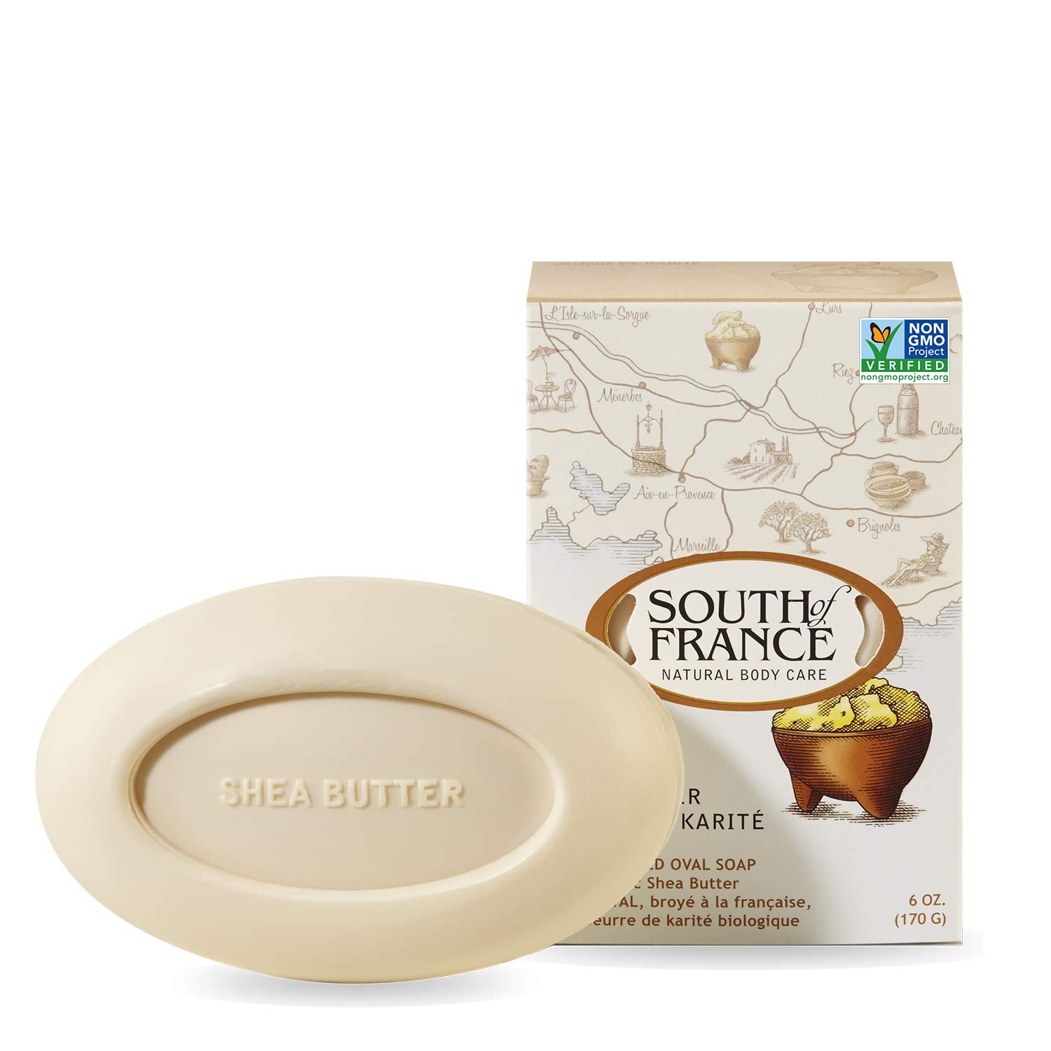 South of France French Milled Oval Shea Butter Soap - 6 oz Bar | Moisturizing & Luxurious Bath Soap for Dry Skin Care & Spa Relaxation