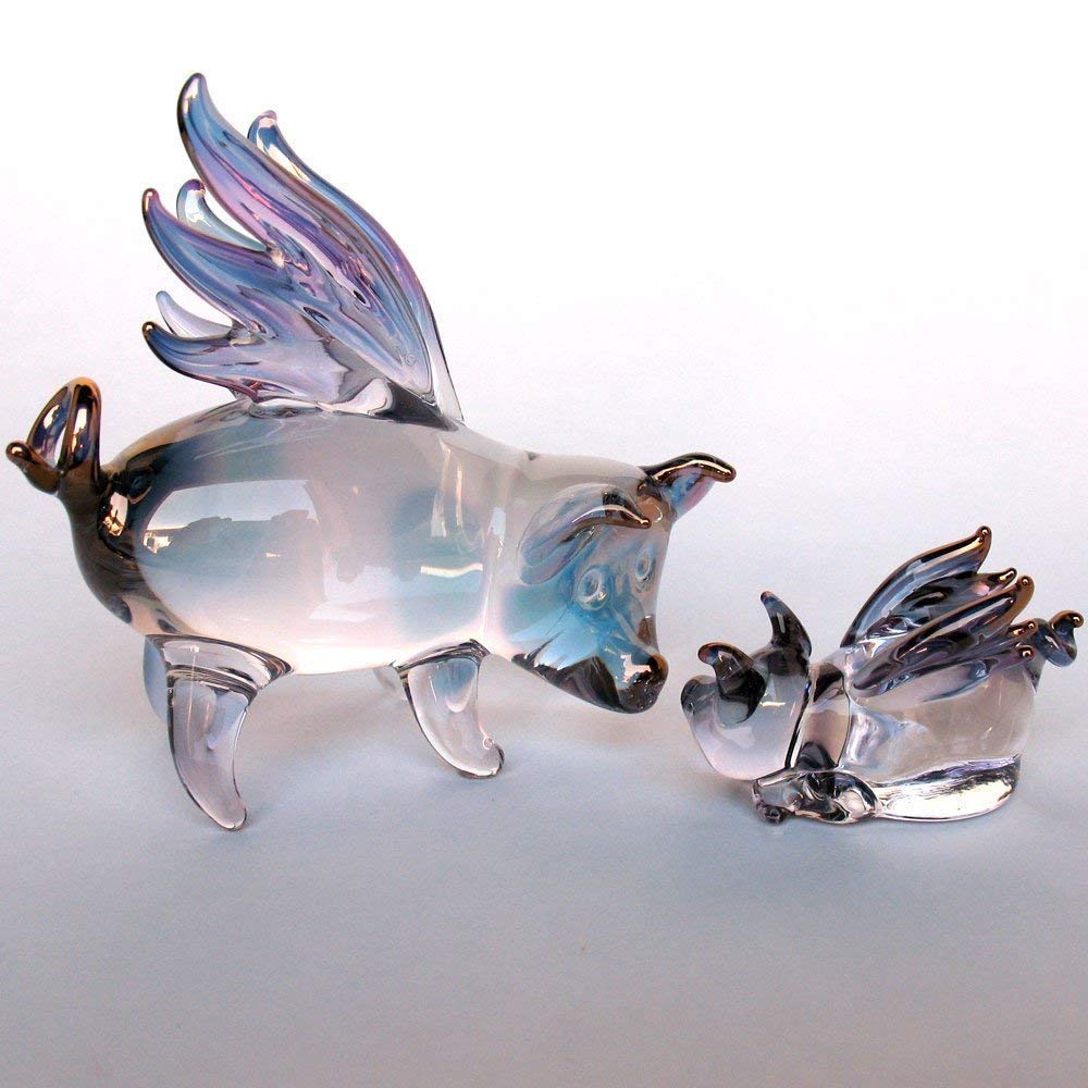 Hand-Blown Glass Flying Pigs Mother and Baby Figurine - Unique Home Decor for Nursery, Baby Shower Gift, or Collectible Display