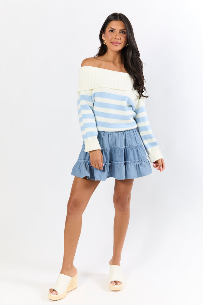 Undertow Feelings Ivory and Blue Striped Off The Shoulder Sweater for Women | Trendy Casual Pullover for Date Night & Beach Outfits