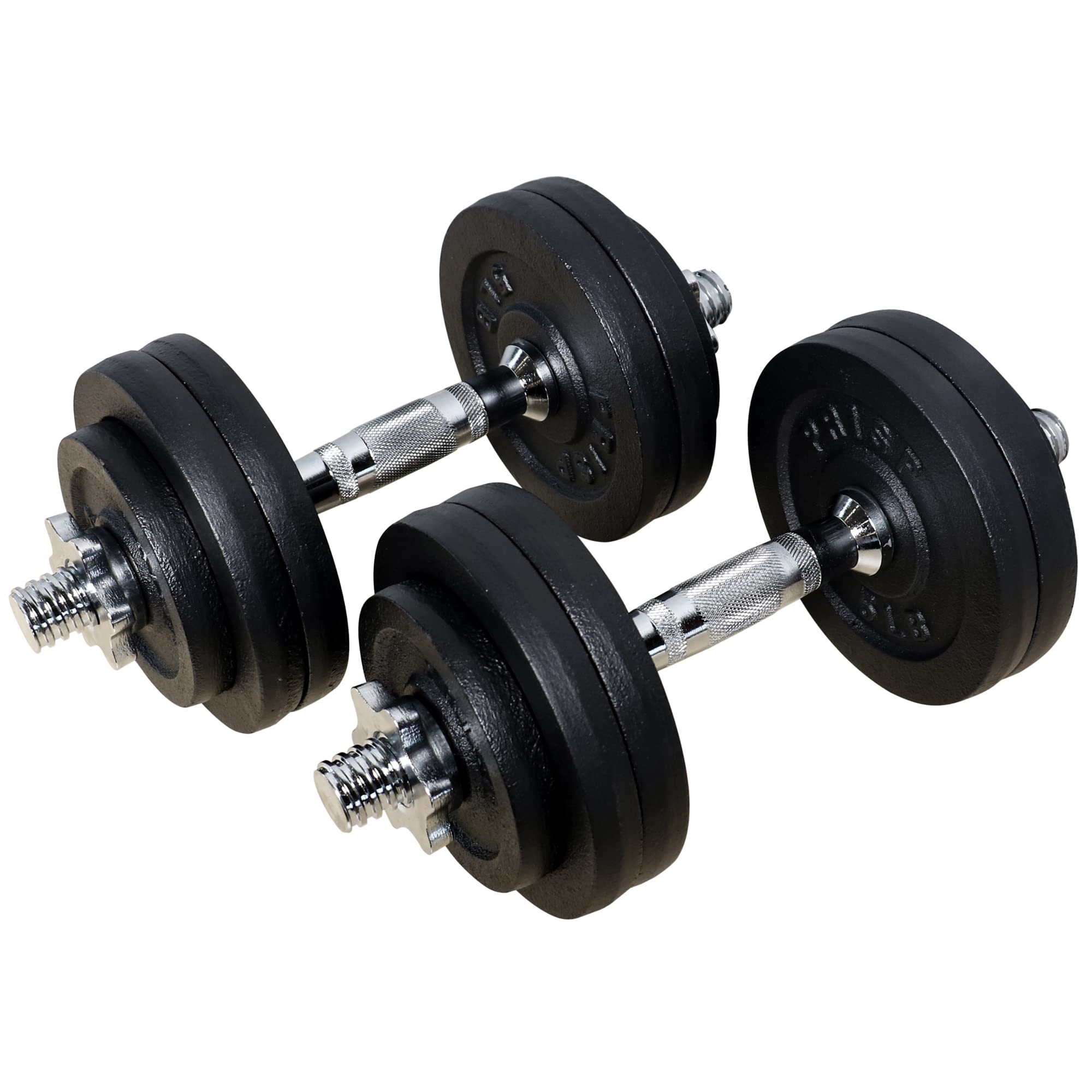 PRISP Adjustable Weight Dumbbells Set - 2 Bars, Cast Iron Plates & Threaded Collars for Home Gym Strength Training & Workout