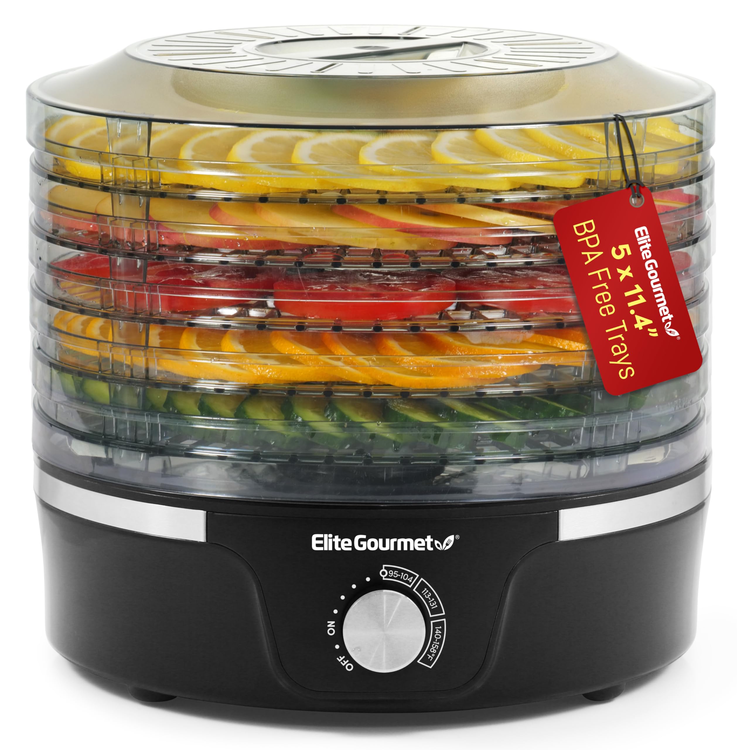 Elite Gourmet EFD319 5-Tray Food Dehydrator with Adjustable Temperature - BPA-Free 11.4