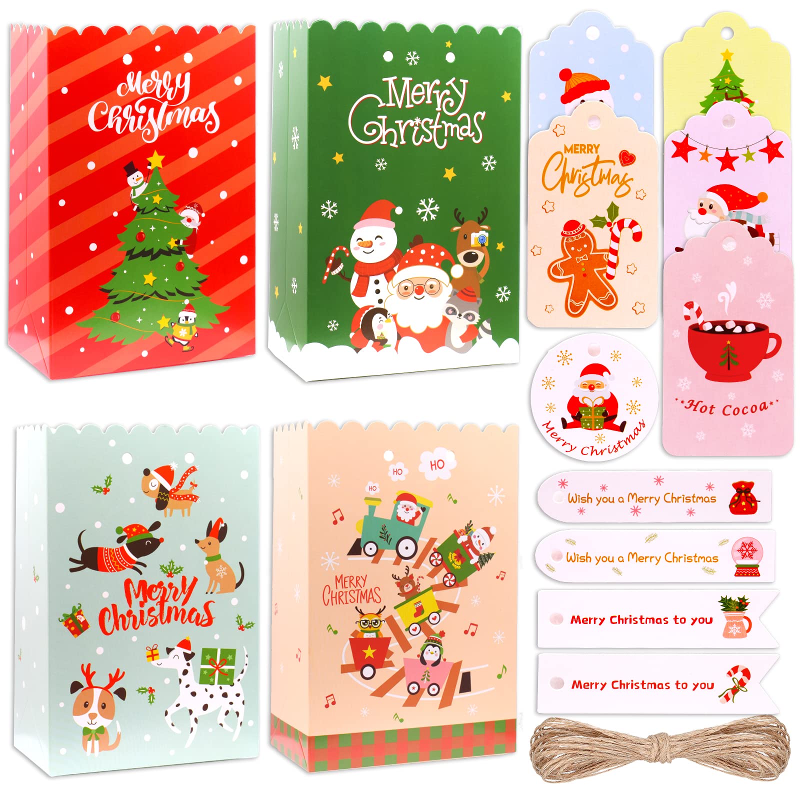 Christmas Kraft Treat Bags 12-Pack with 20 Gift Tags - Mini Paper Goodie Bags for Candy, Snacks & Party Favors | Holiday Classroom Treats, Christmas Party Supplies, Stocking Stuffers & Gift Exchange