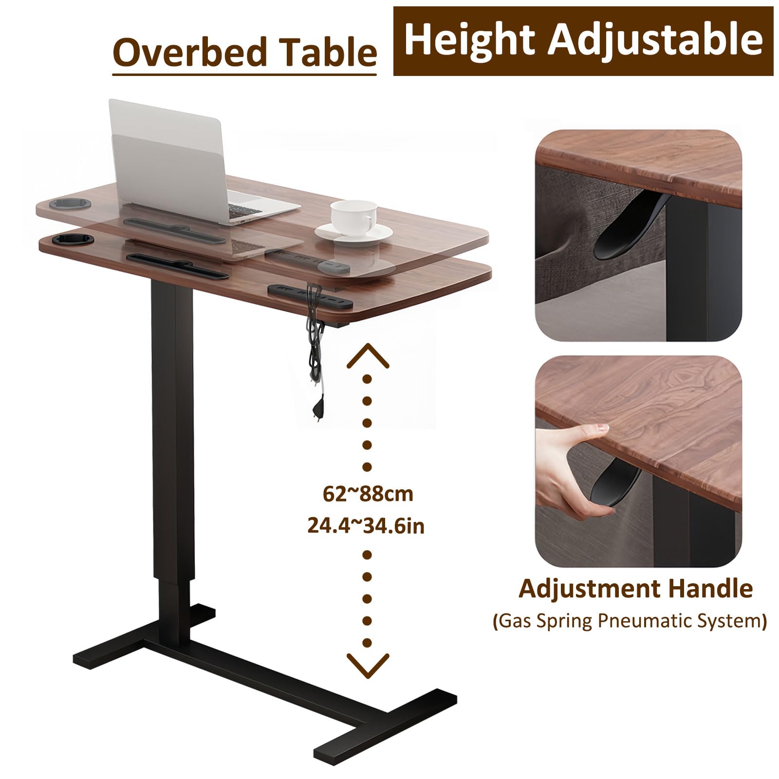 Adjustable Height Overbed Table with Swivel Wheels & USB Ports - Pneumatic Mobile Bedside Laptop Desk with Foldable Tabletop - Perfect for Hospital, Home Office & Standing Workstation Use