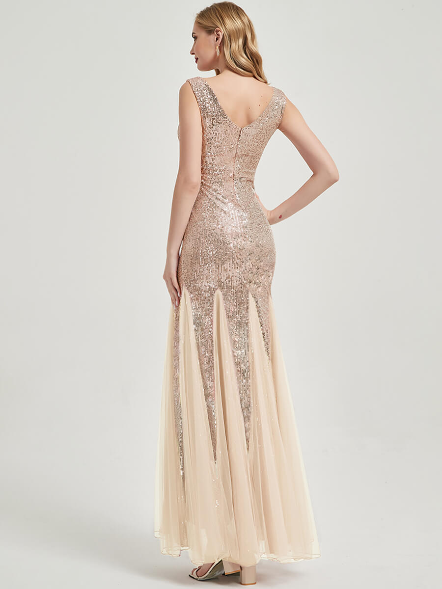 Champagne Gold Sequin Tulle V-Neck Sleeveless Mermaid Evening Gown for Prom, Wedding, and Formal Events