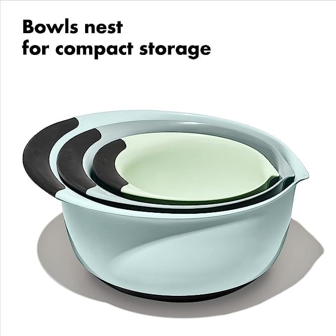 OXO 3-Piece Mixing Bowl Set - Non-Slip Nesting Bowls with Pour Spouts (Blue, Grey & Jade) for Baking, Meal Prep & Kitchen Organization