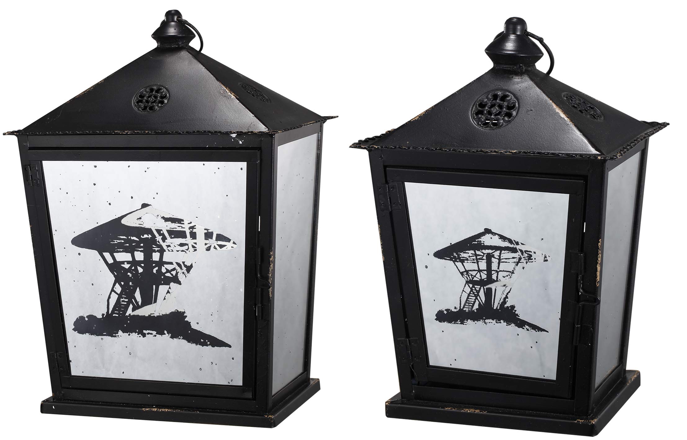Benjara Elegant Black Metal Candle Lanterns - Set of 2 for Indoor/Outdoor Decor, Wedding Centerpieces & Patio Lighting