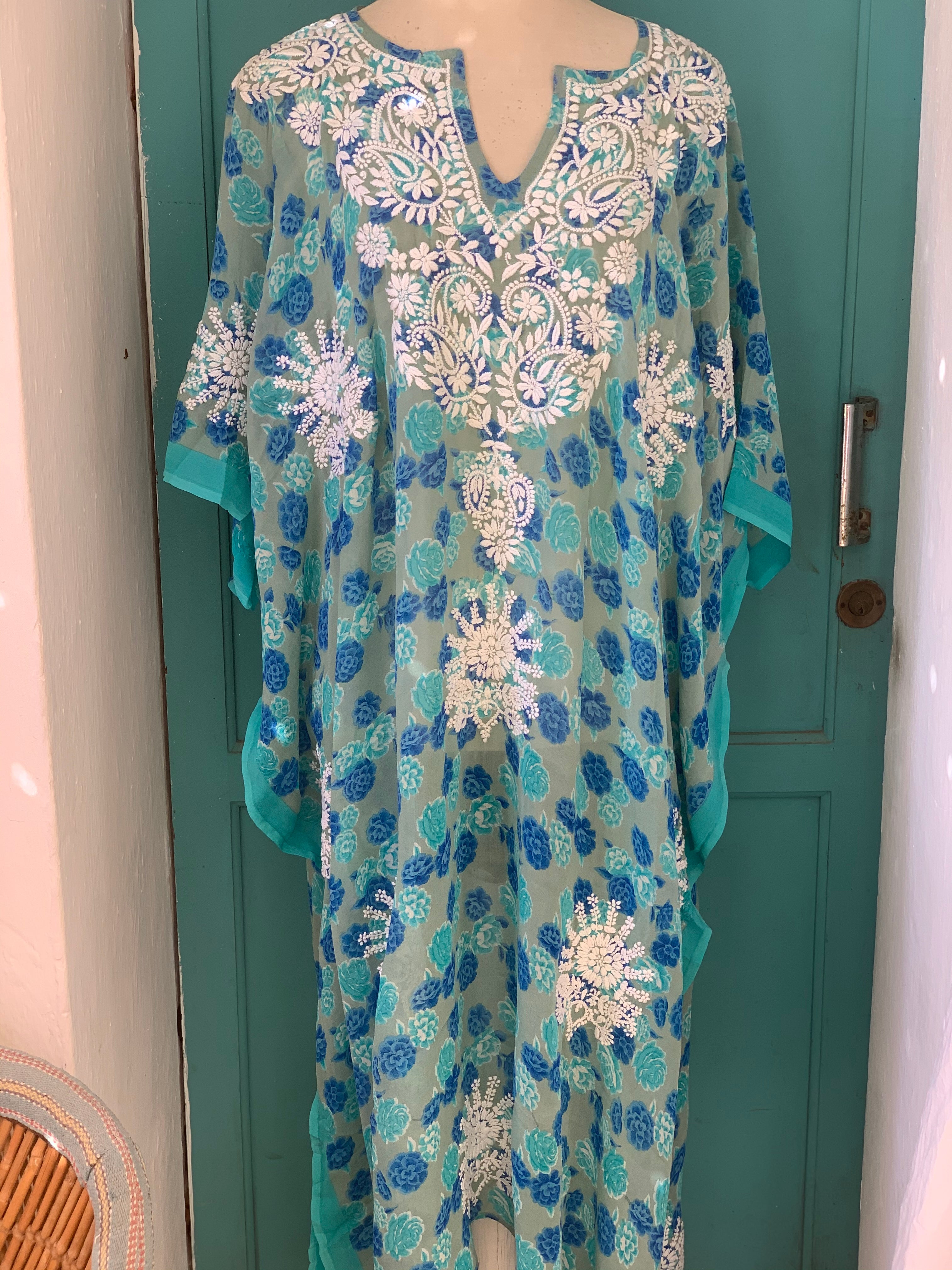 Hand Embroidered Plus Size Silk Kaftan in Blue Turquoise - Perfect for Beach Cover-Ups, Boho Fashion & Resort Wear