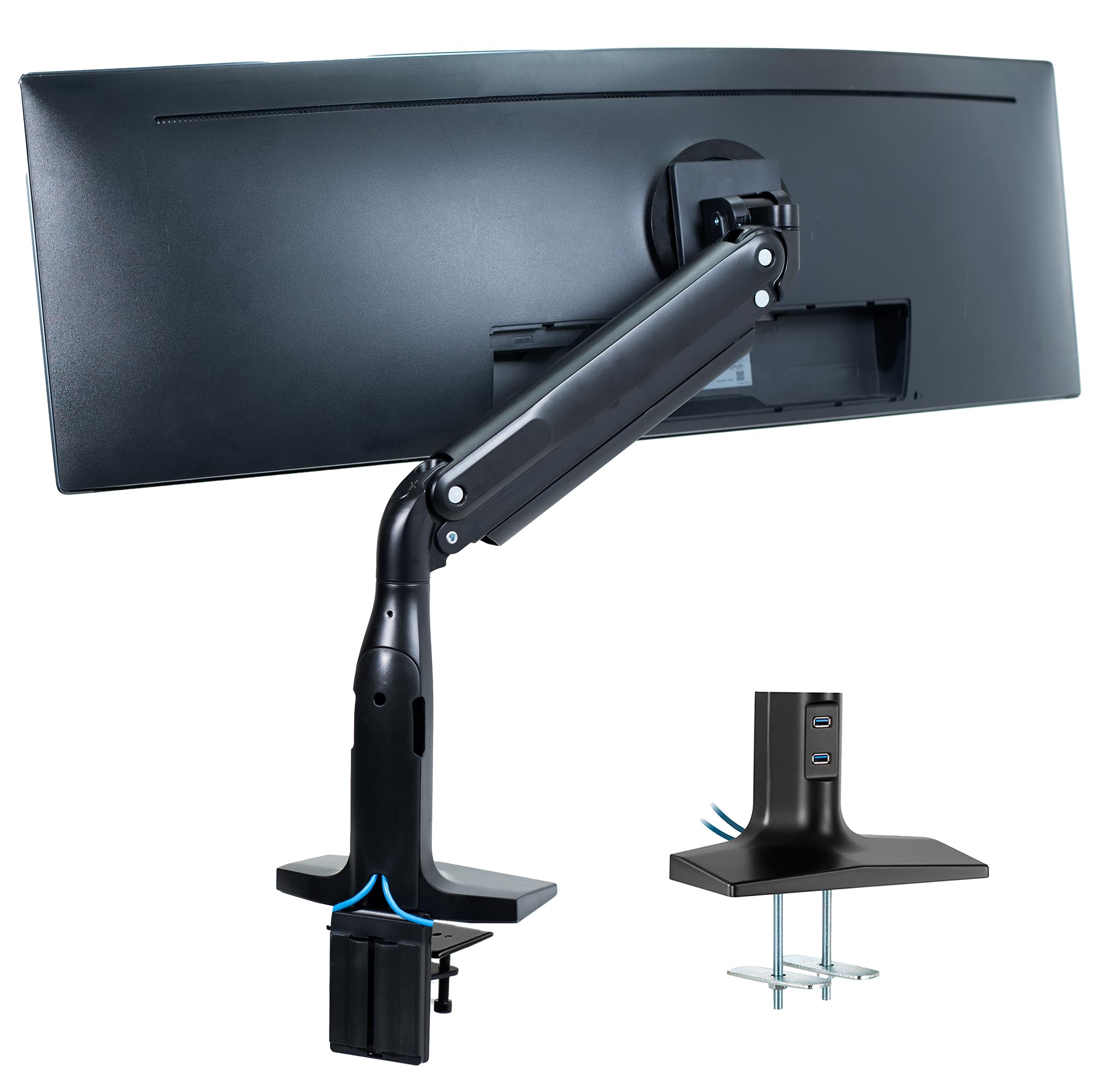 VIVO Aluminum Single Monitor Arm Stand for 13-49 Inch Ultrawide Screens, Adjustable Pneumatic Articulating Mount with USB Ports, Clamp-on Desk Stand, Max VESA 200x100 (Black) - Perfect for Home Office, Gaming Setup & Workspace Ergonomics