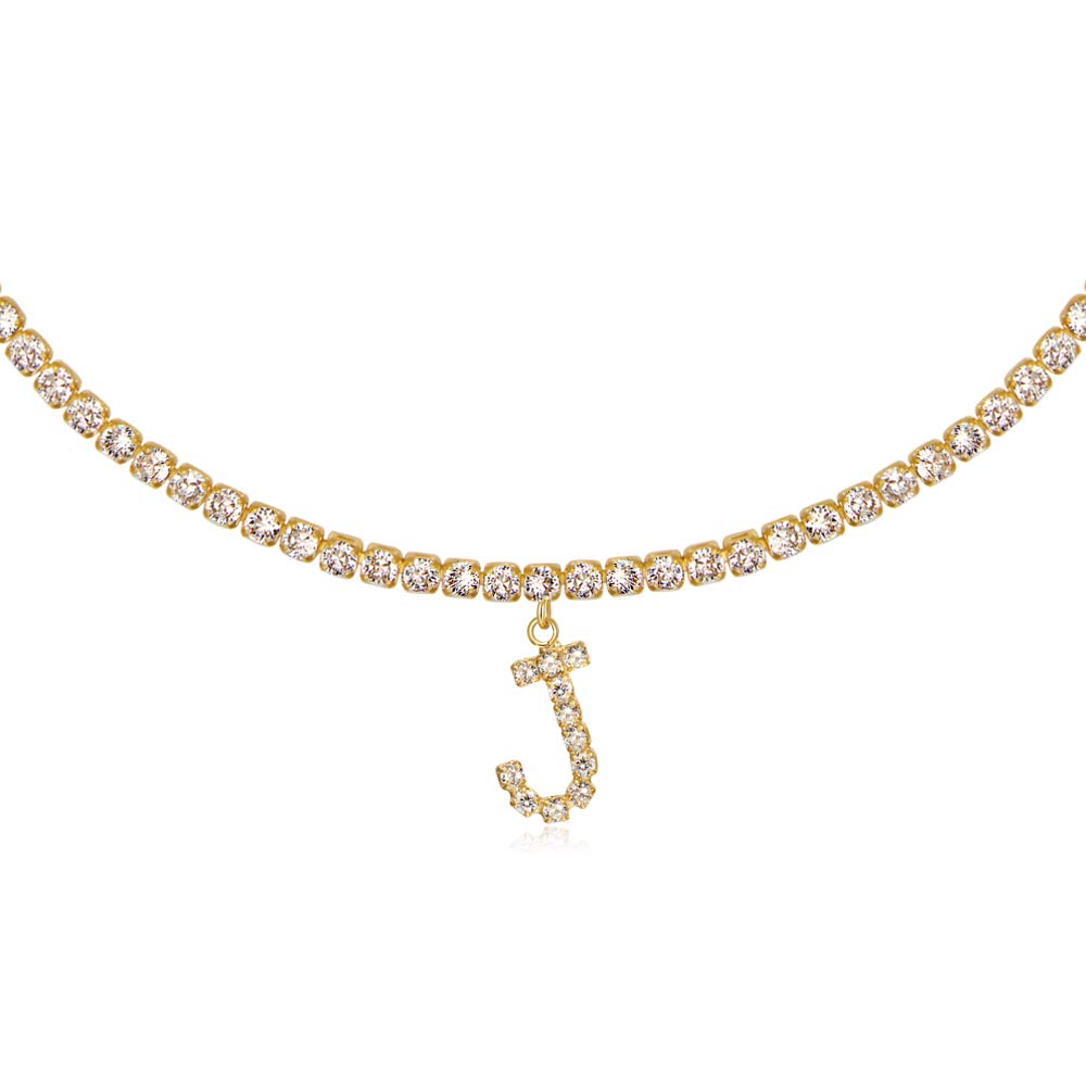14K Gold Plated Letter Necklace - Personalized Initial Choker with CZ Diamonds for Women | Elegant Tennis Chain Bling Jewelry for Gifts, Parties & Everyday Wear