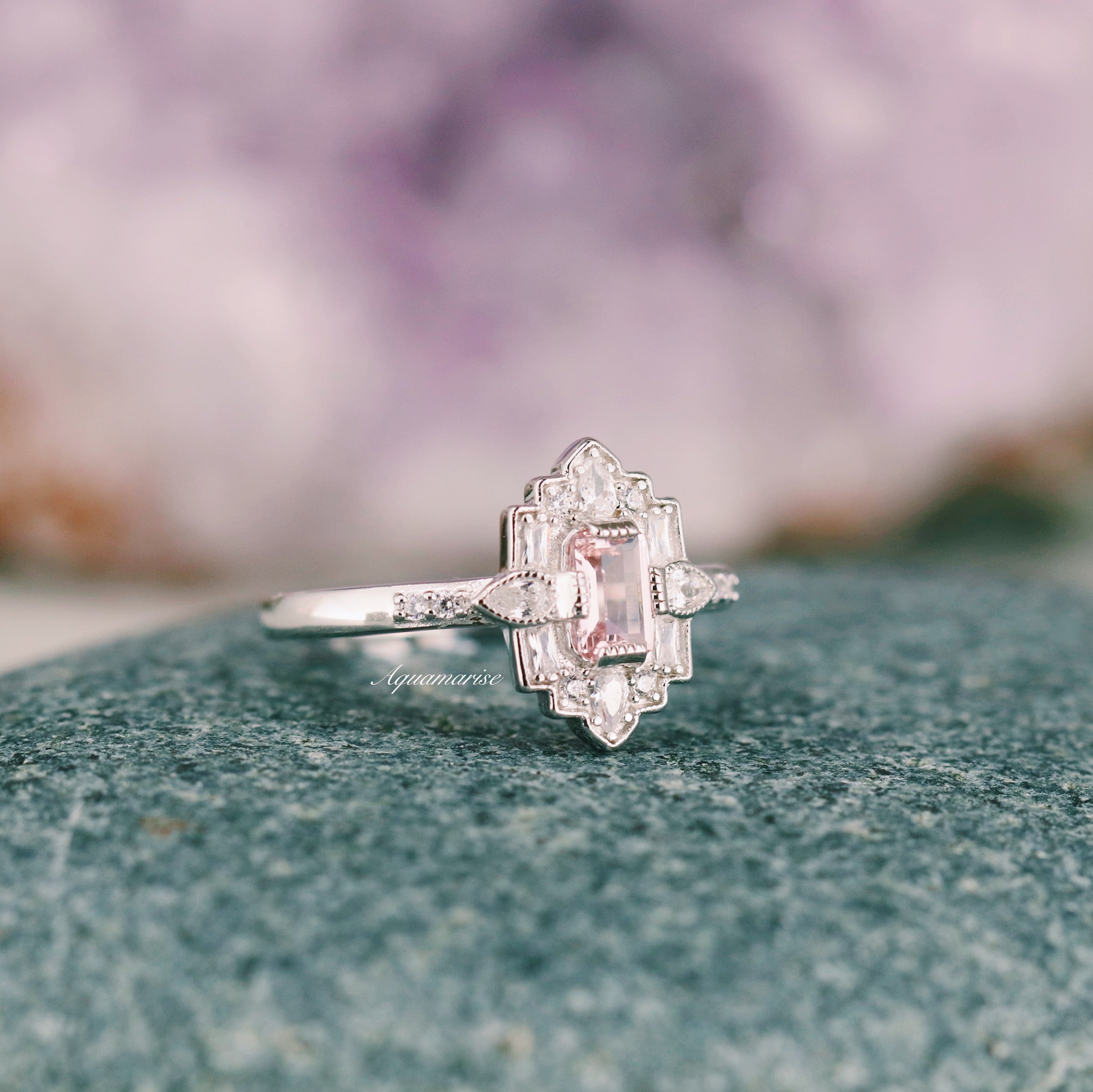Art Deco Mosaic Morganite Ring 14K White Gold - Vintage Inspired Rose Gold Jewelry for Women, Elegant Engagement & Wedding Gift