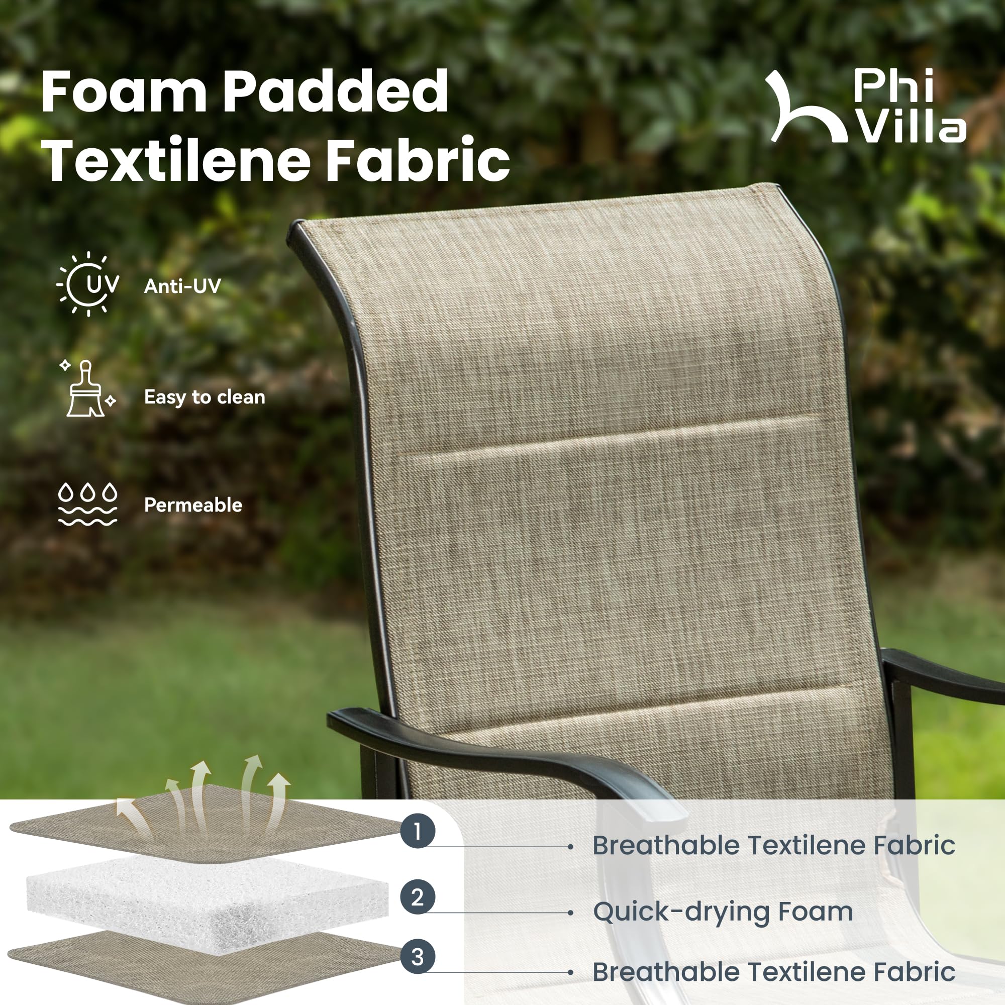 PHI VILLA Outdoor Dining Chairs Set of 2 - High Back Textilene Fabric Padded Armchairs with Rust-Resistant E-Coated Steel Frame for Patio, Porch, Deck, Yard - Perfect for Backyard BBQs, Poolside Lounging & Garden Relaxation