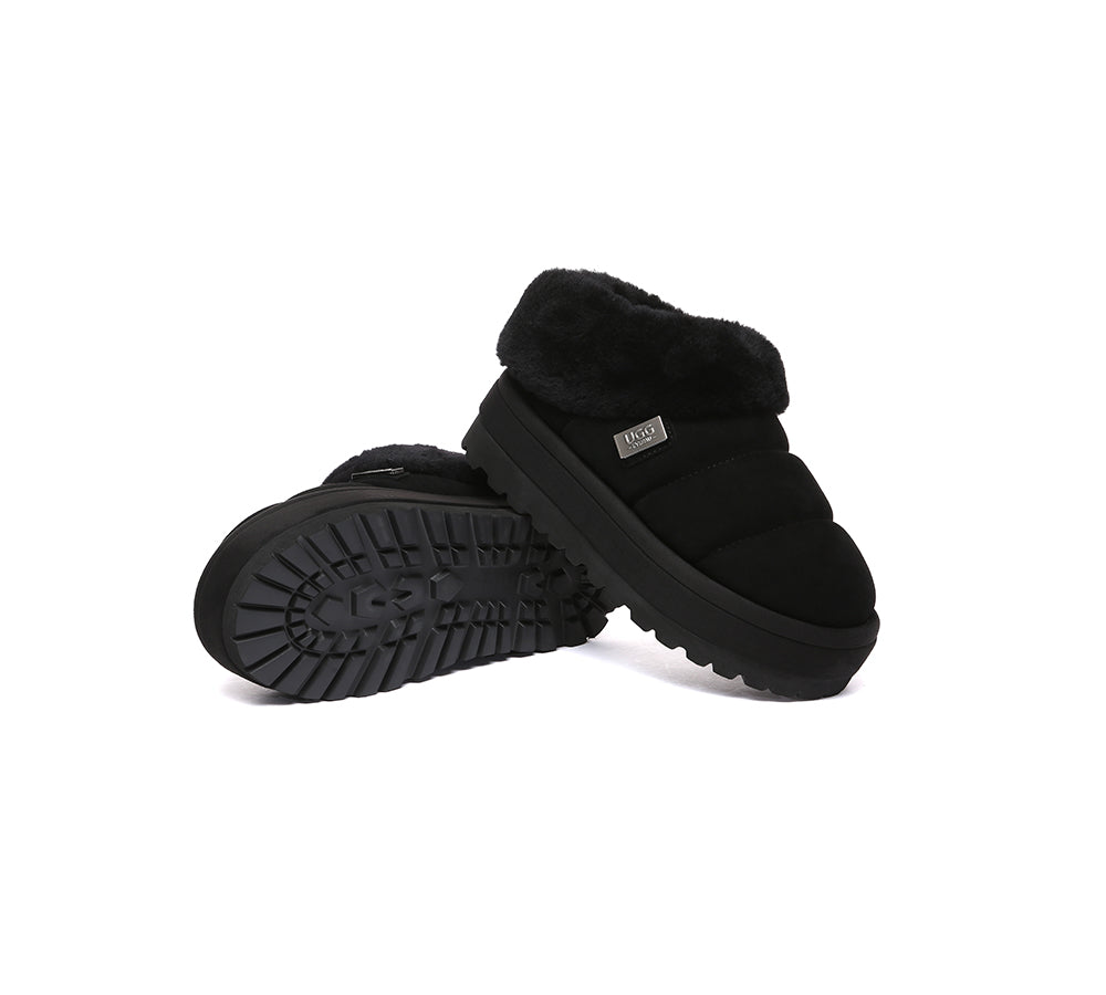UGG EVERAU® Women's Sheepskin Wool Collar Ankle Slippers with Platform - Cozy House Shoes for Winter, Lounge & Indoor Comfort