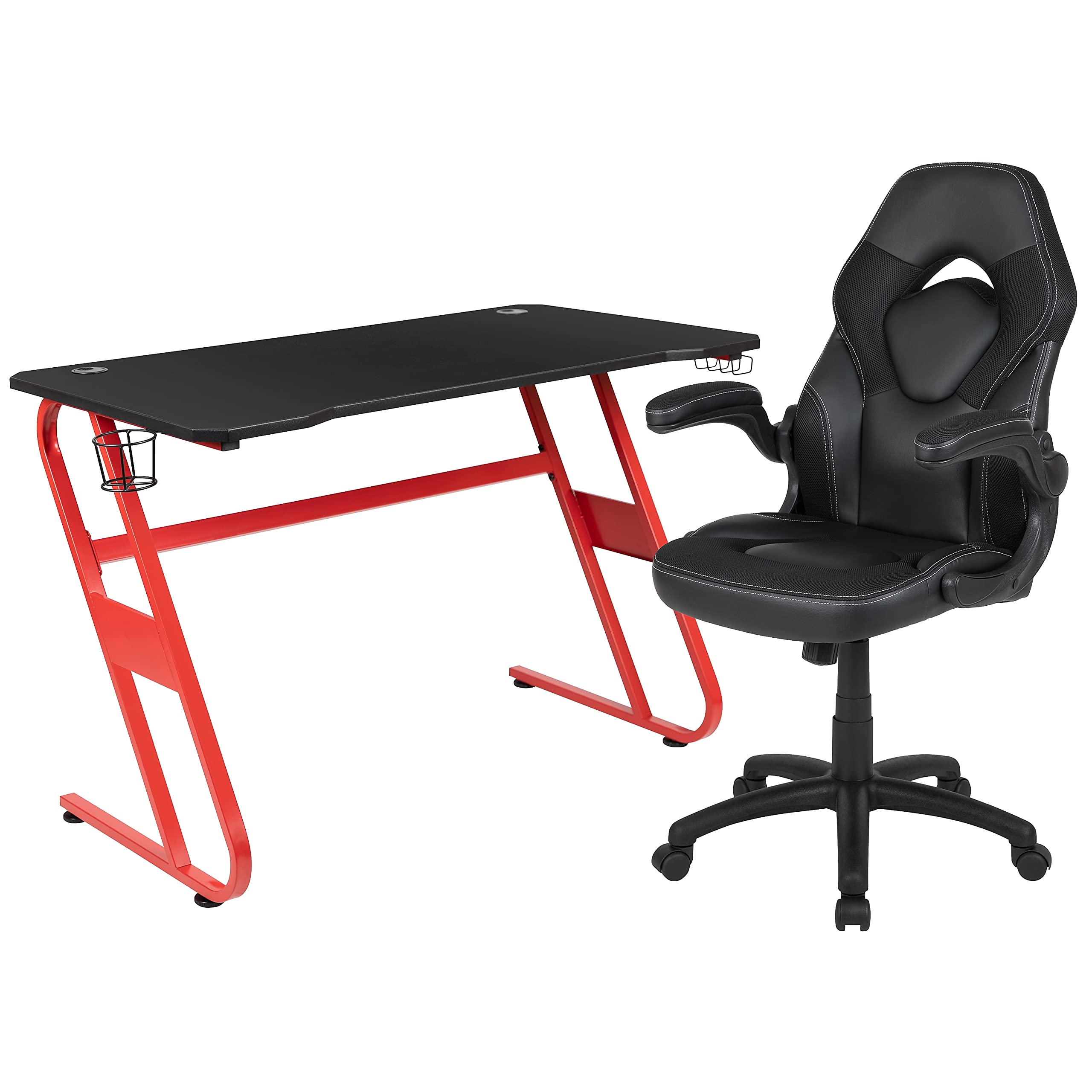 Flash Furniture Red Gaming Desk & Black Racing Chair Set with Cup Holder & Headphone Hook - Ergonomic Gaming Setup for PC, Console & Streaming
