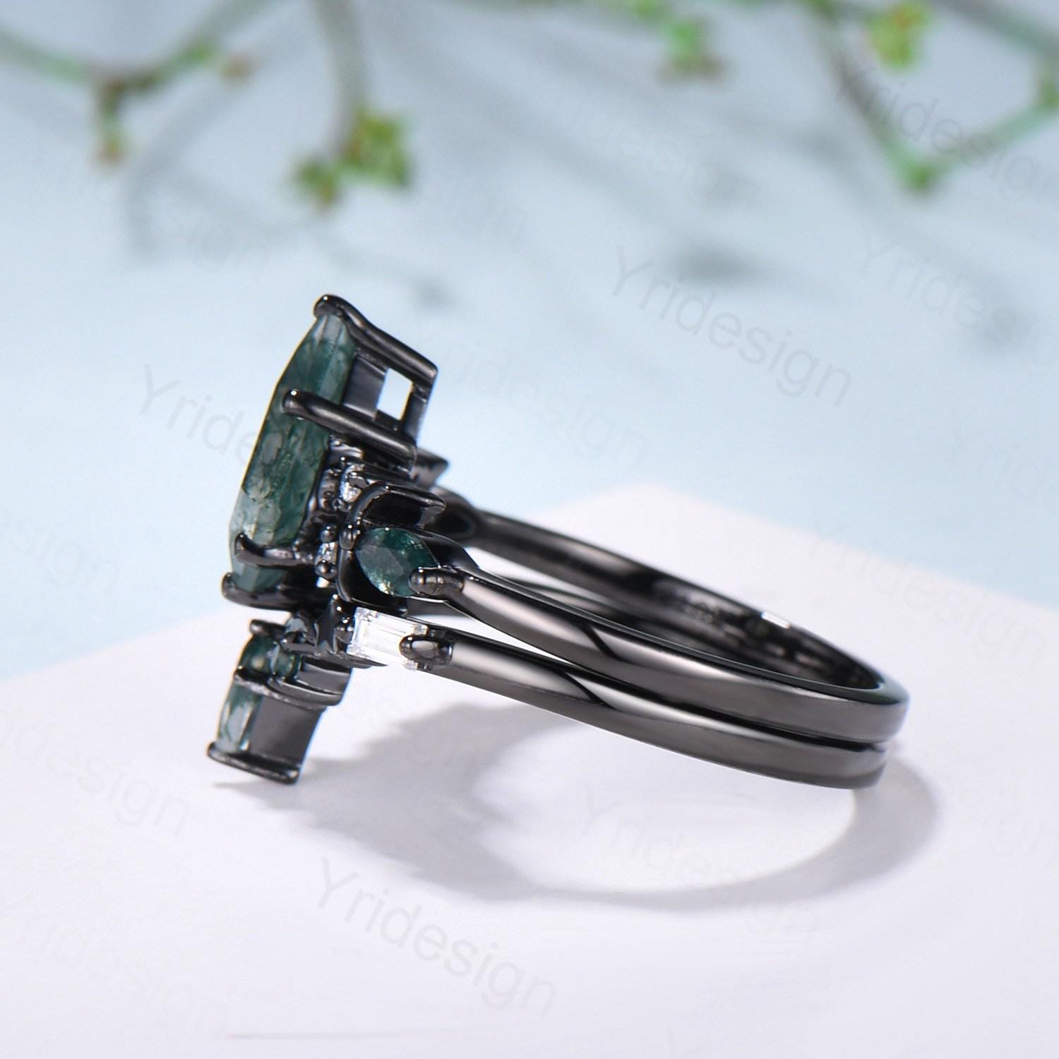 Black Gold Kite Cut Moss Agate Ring - Unique Crescent Moon Star Engagement Ring, Art Deco Bridal Wedding Set, Handmade Anniversary Gift for Women - Perfect for Proposals, Weddings & Romantic Occasions