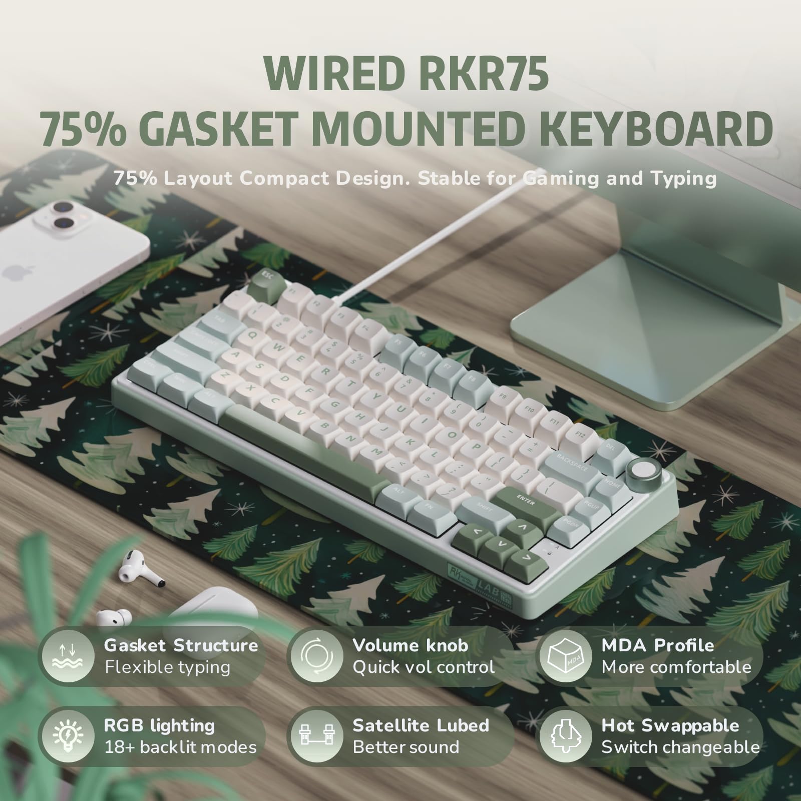 RK ROYAL KLUDGE R75 75% Wired Mechanical Gaming Keyboard - Gasket Mount, Hot-Swappable Linear Switch, RGB Backlit, MDA Profile PBT Keycaps with Volume Knob & Software - Perfect for Esports, Office Work & Typing Enthusiasts
