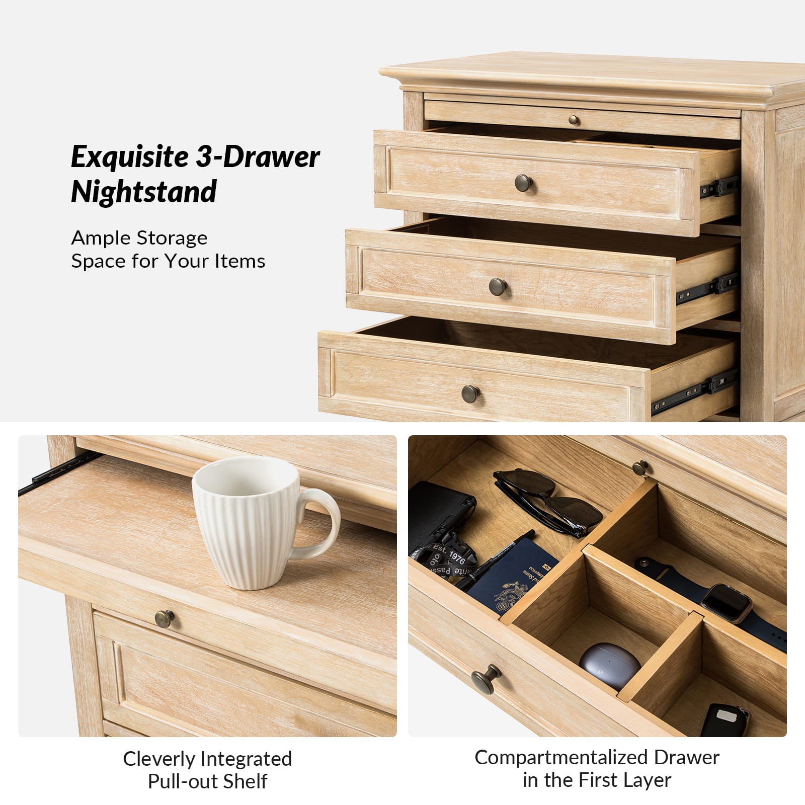 Galatea 3-Drawer Nightstand with USB Charging Ports & Power Outlets - Modern Bedside Table with Storage for Bedroom, Living Room or Office