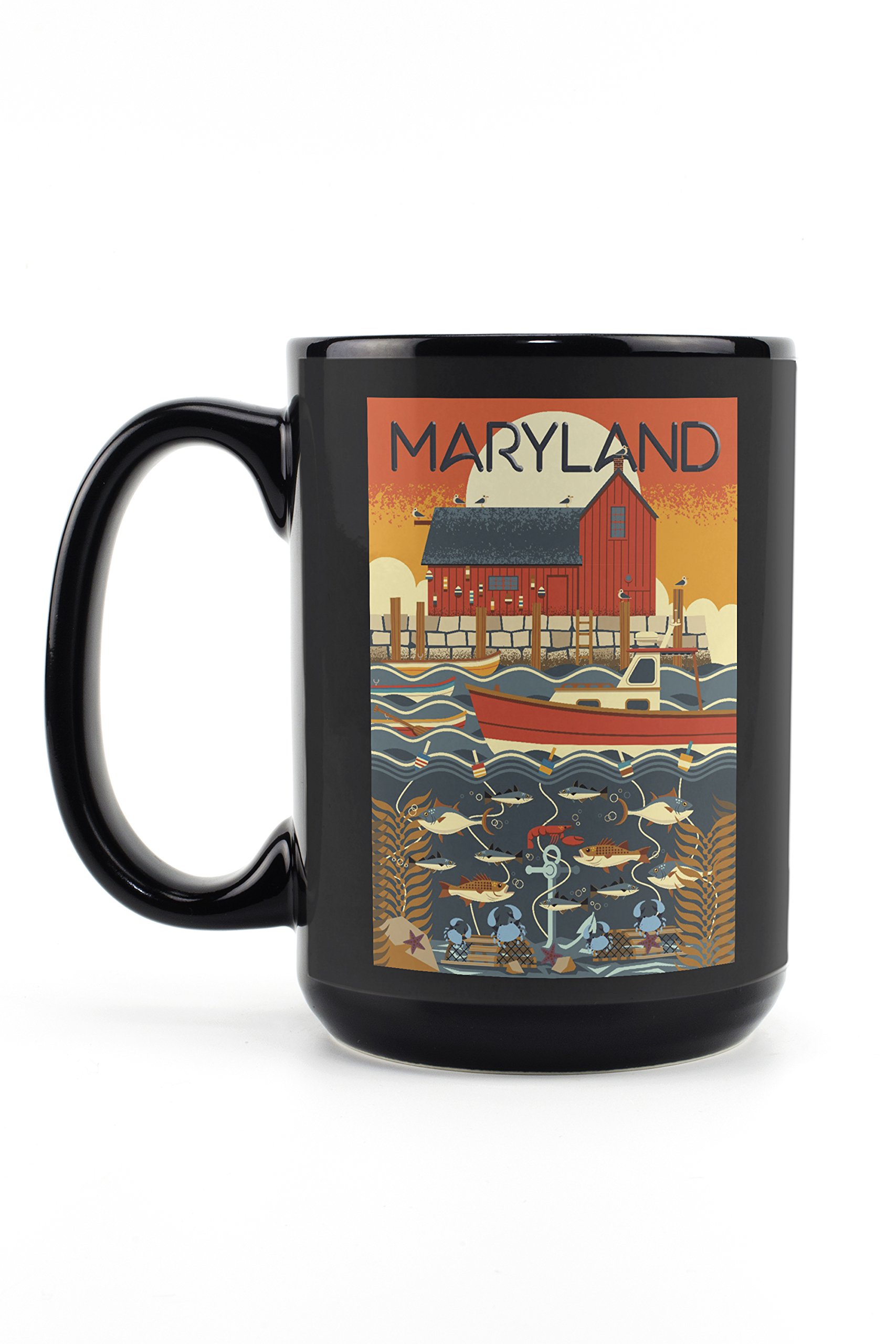 Lantern Press Maryland Geometric 15oz Black Ceramic Coffee Mug - Microwave & Dishwasher Safe - Perfect for Home, Office & Outdoor Use