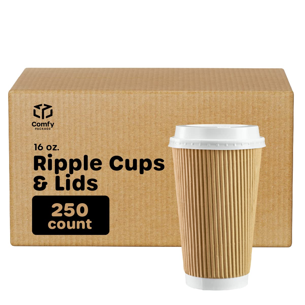 250 Pack 16 oz Insulated Kraft Ripple Paper Hot Cups with Lids - Disposable Coffee Cups for Hot Beverages, Perfect for Coffee Shops, Office Break Rooms & Travel Commutes