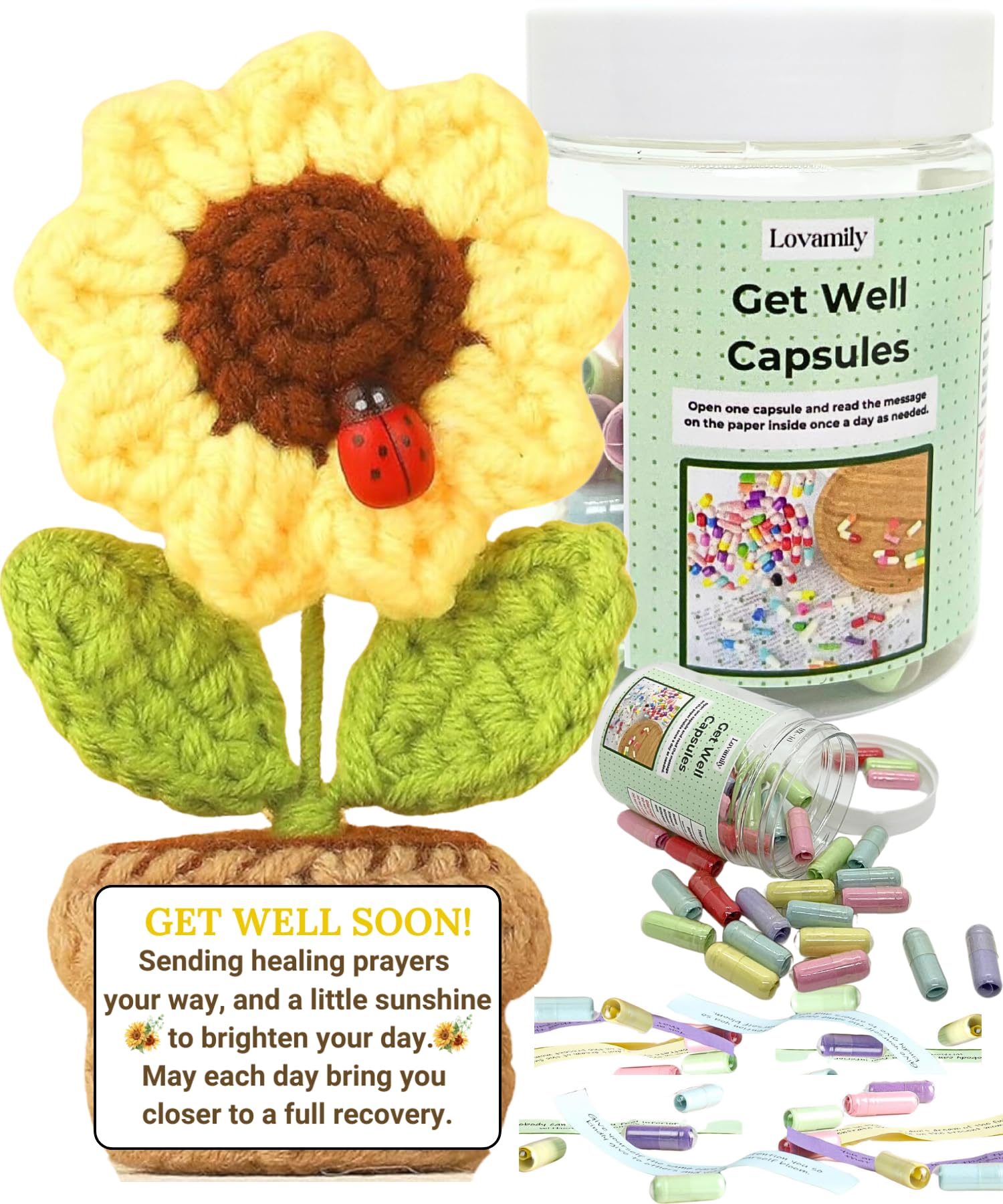 Get Well Soon Gift Basket - Inspirational Message Capsule Bottle with Crochet & Card for Women, Men, Patients - Thoughtful Recovery Present After Surgery, Chemo, Illness - Perfect for Friends, Family & Coworkers | Hospital Care Package, Post-Surgery Cheer, Cancer Support Gift