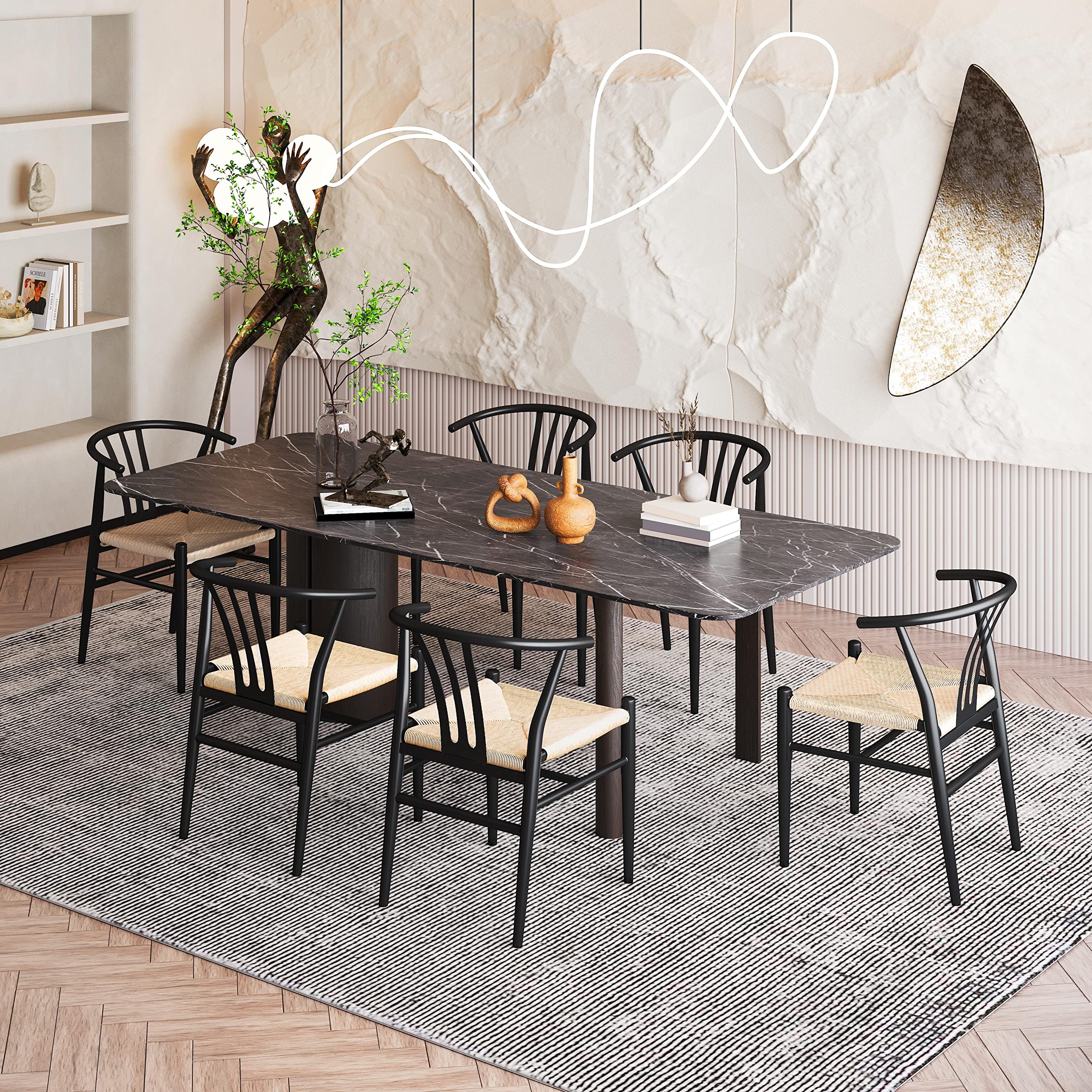Topeakmart Set of 2 Black Metal Dining Chairs - High Back Industrial Weave Arm Chairs, Mid-Century Modern Style for Kitchen, Dining Room, Restaurant & Cafe