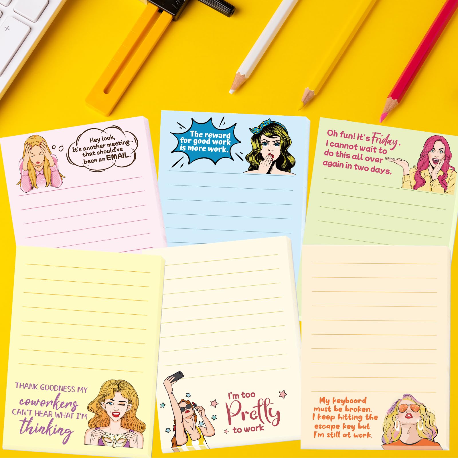 Funny Notepads for Women - 6 Pack Novelty Memo Pads with Inspirational Sayings, Cute Office Supplies for Coworkers & Staff - Perfect Christmas Gag Gifts, Desk Accessories for Work, Home & School Organization