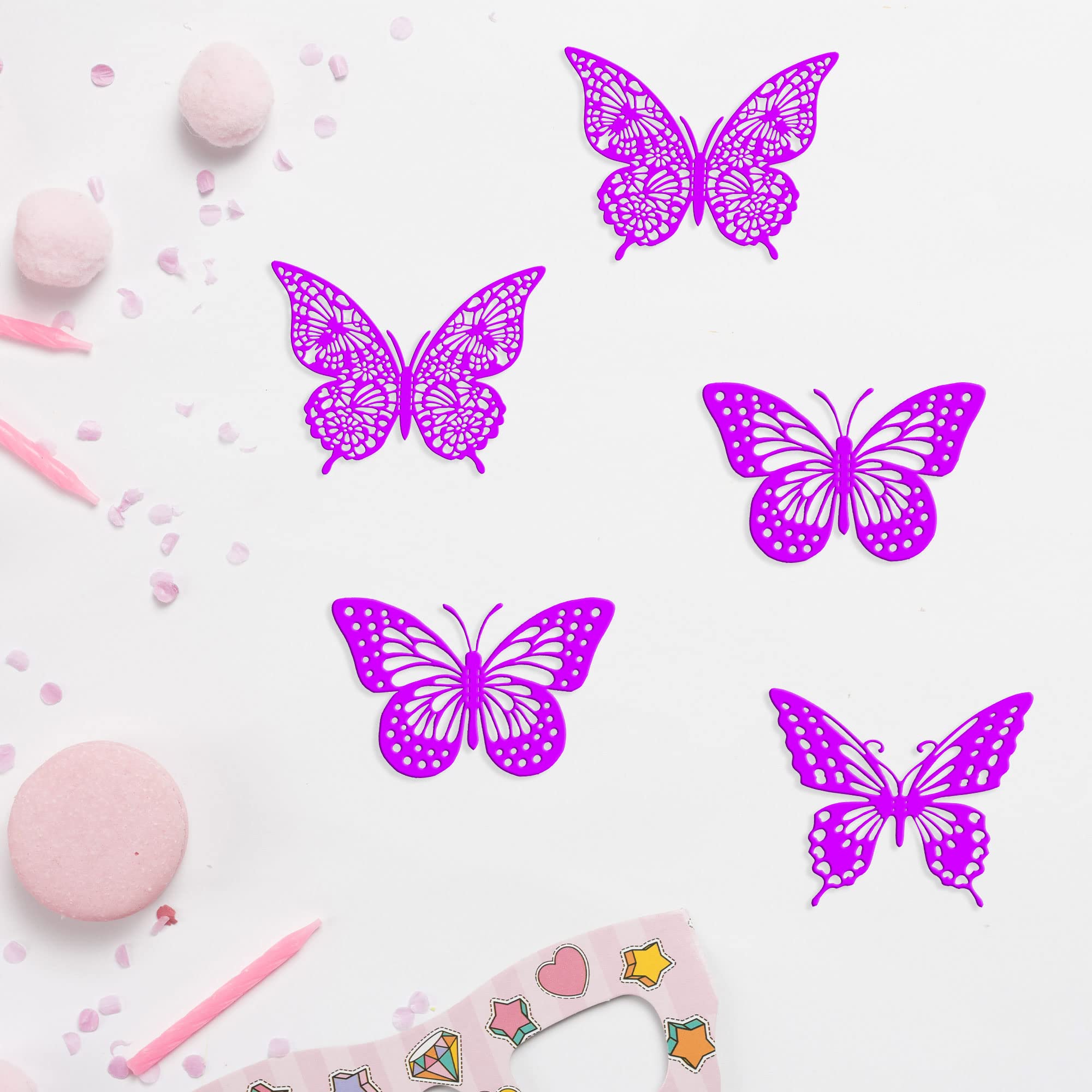 Metallic Purple 3D Butterfly Cupcake Toppers - 36Pcs Hollow Art Cake Decorations for Baby Showers, Weddings, Anniversaries & Kids Birthday Parties - Elegant Wall & Dessert Decor Supplies | Perfect for Cake Decorating, Party Themes & Sweet Table Displays