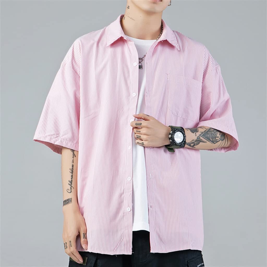 Men's Summer Short-Sleeve Casual Shirt | Hong Kong Style Loose Fit Ins Jacket | Tooling Shirt in Pink XL | Perfect for Beach Outings, Streetwear & Summer Fashion