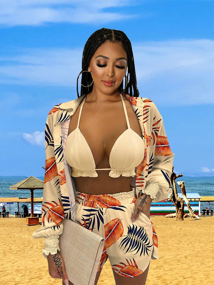 Women's Hawaiian 3-Piece Outfit Set - Floral Print Blouse, Casual Mini Shorts & Tank Top | Summer Beachwear, Vacation Outfit, Tropical Party Dress