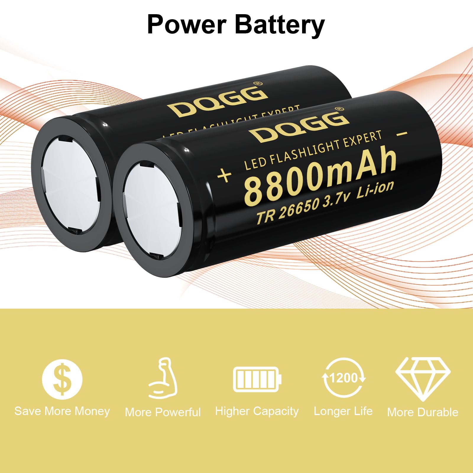 8800mAh 26650 Rechargeable Batteries (2-Pack) - 3.7V Flat Top Lithium Ion Battery for LED Flashlights, Headlamps & Outdoor Gear - Perfect for Camping, Hiking, and Emergency Power Supply