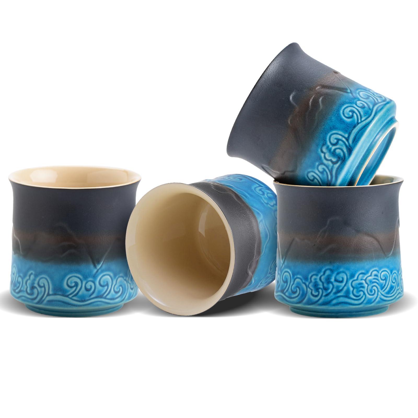 Premium Japanese Tea Cups Set of 4 - 8oz Handcrafted Ceramic Tea Cups for Matcha, Loose Leaf Tea or Herbal Tea - Traditional Asian Style Navy Blue Tea Cups Without Handles - Perfect for Tea Ceremonies, Zen Meditation or Gift Giving