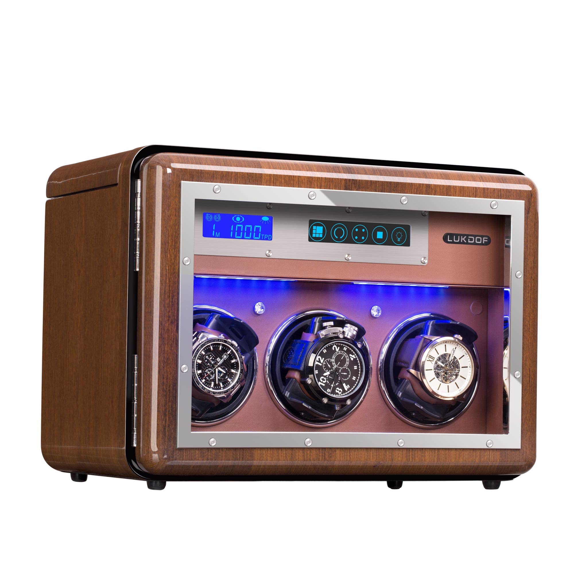 Automatic Watch Winder for Rolex - 3 Quiet Motors, LCD Display, 4 Storage Boxes, Walnut Wood with Diamond Decoration - 5 Adjustable Upgraded Watch Pillows & AC Adapter - Perfect for Watch Collections, Display Cases, and Luxury Watch Maintenance