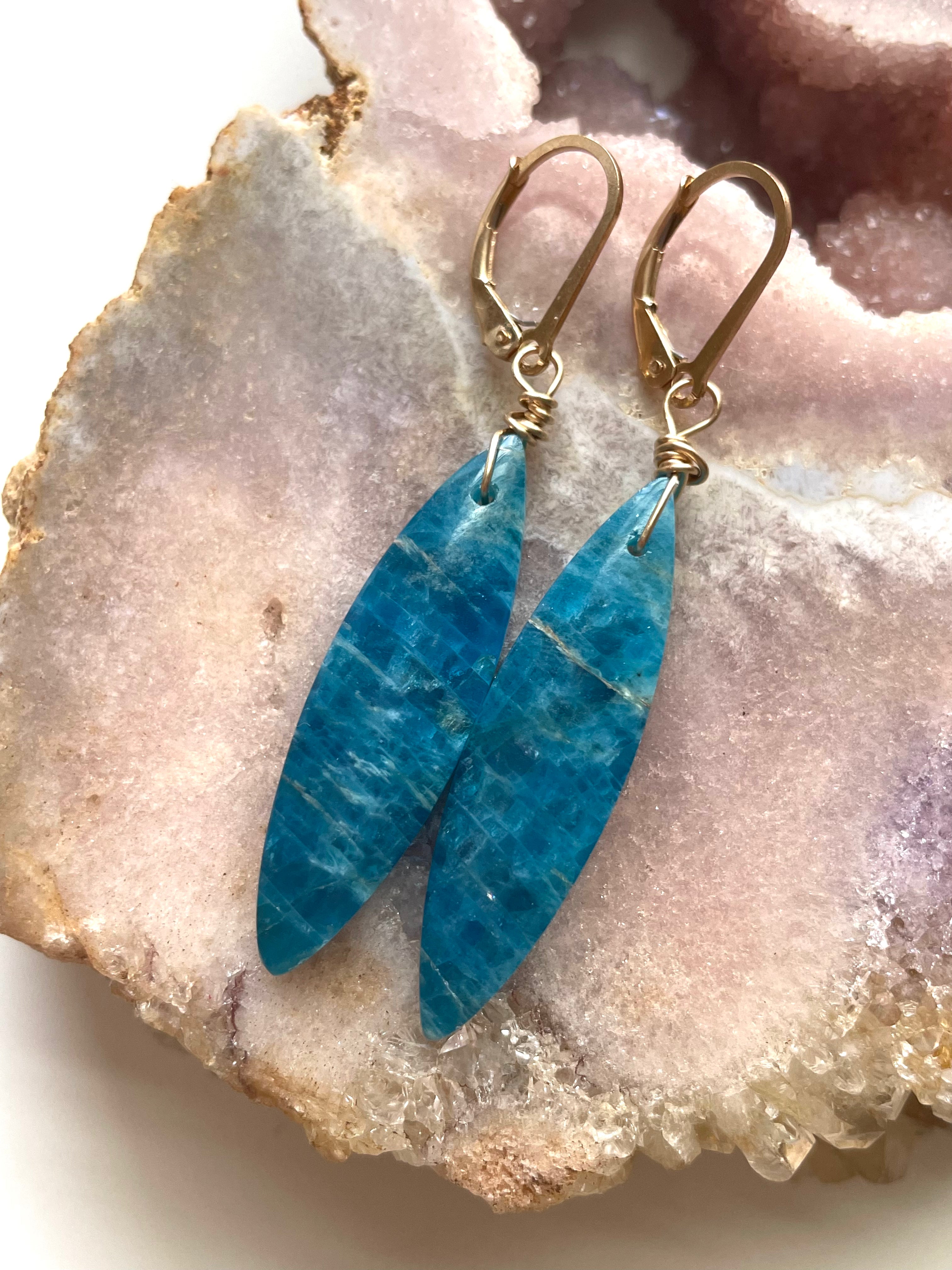 Gold Blue Apatite Dangle Crystal Earrings for Women - Elegant Handmade Bohemian Jewelry for Party, Wedding & Special Occasions