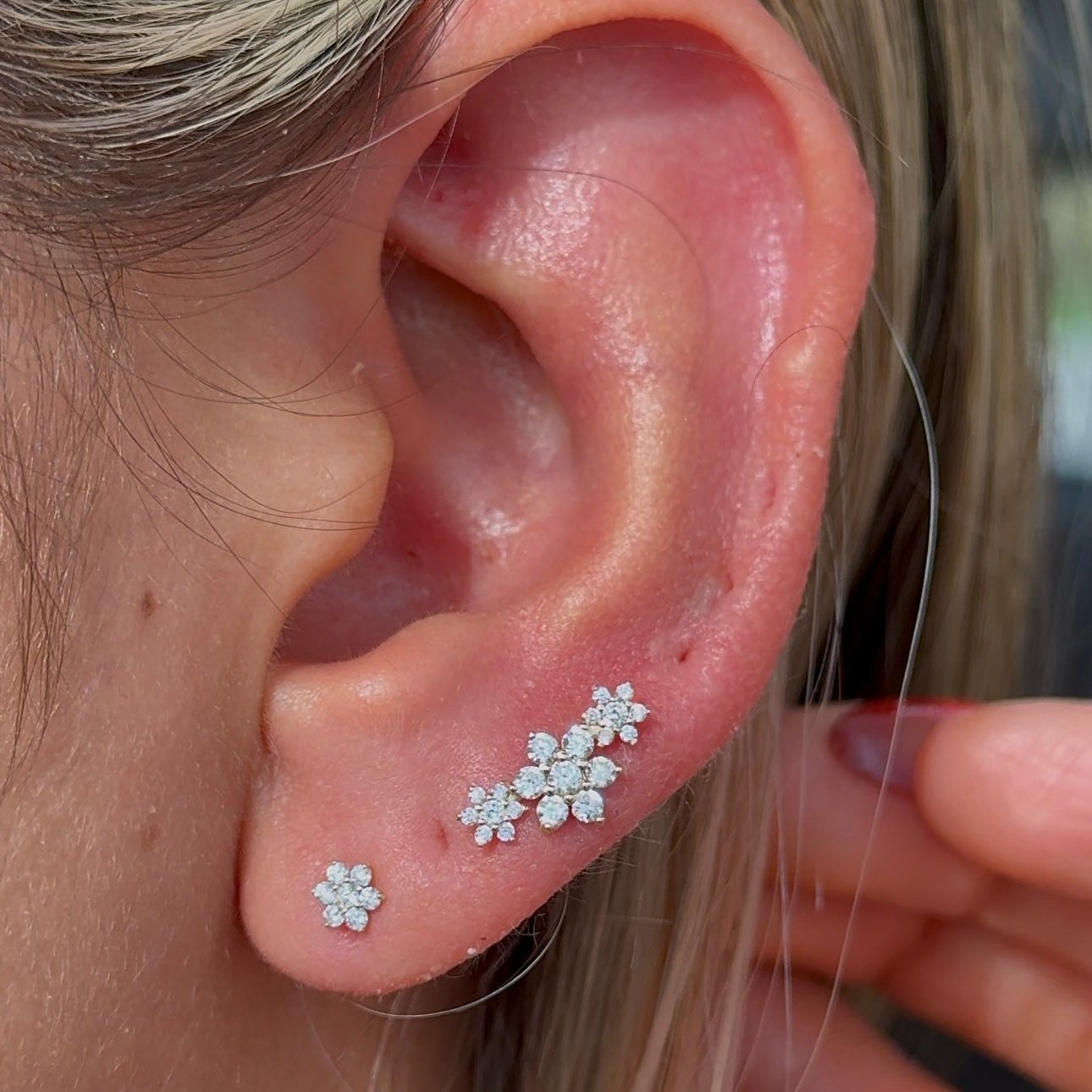 14K Rose Gold Diamond Three Flower Garland Flat Back Stud Earrings - Elegant Dainty Floral Jewelry for Women, Perfect for Weddings, Parties & Everyday Wear