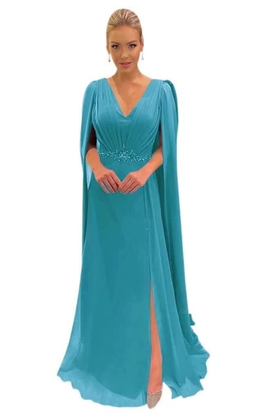 Elegant Chiffon Long Beaded Slit Cape Formal Evening Gown for Women - Mother of The Bride Dress for Wedding, Prom & Special Occasions