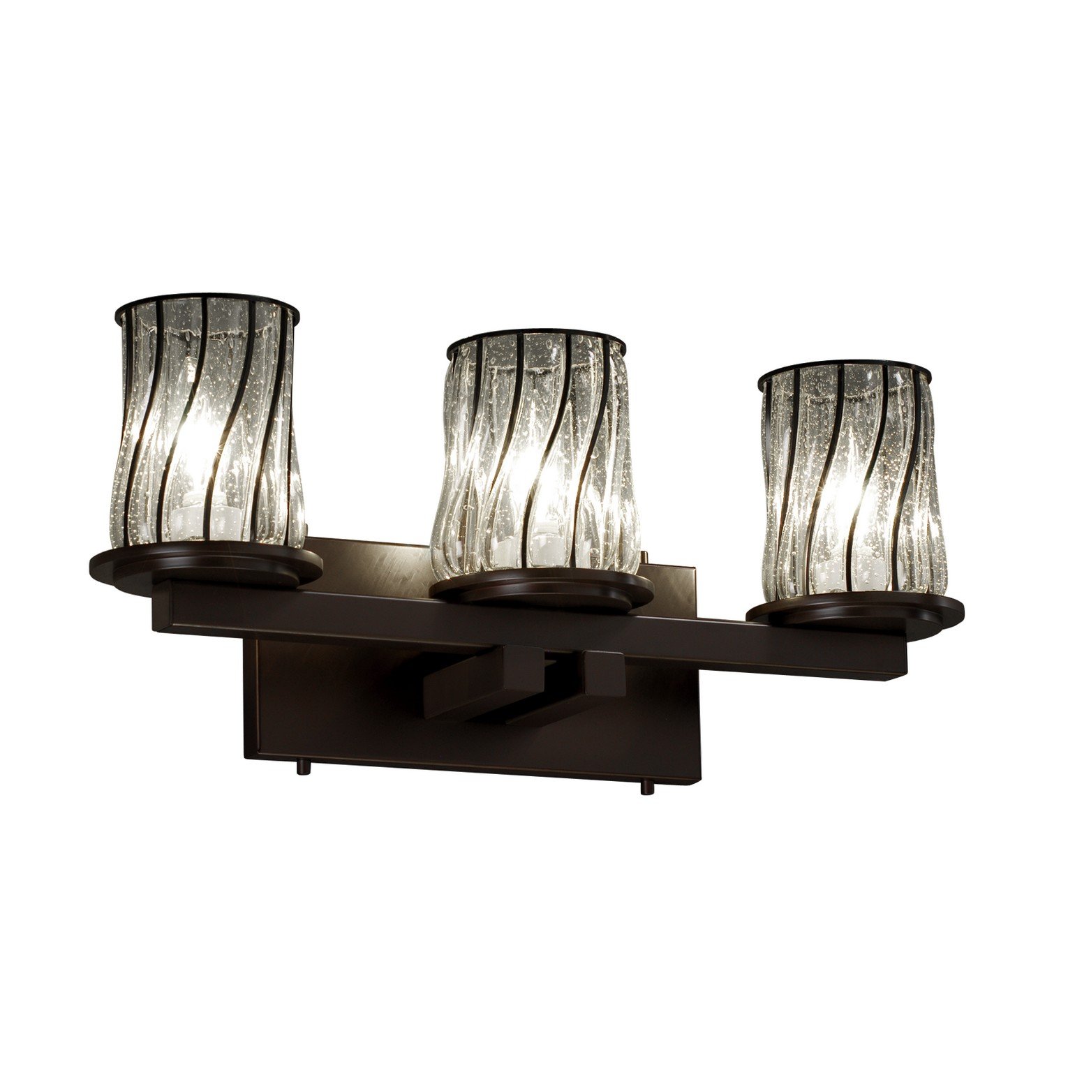 Justice Design Group 3-Light Bath Bar - Dark Bronze Finish with Swirl Clear Bubbles Wire Cage & Blown Glass Shade | Modern Vanity Lighting for Bathroom, Powder Room & Dressing Area