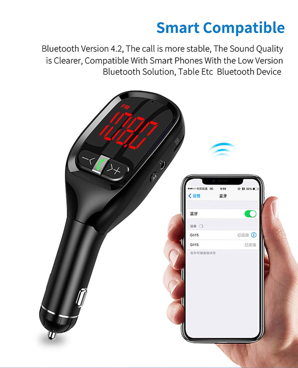 Wireless Bluetooth FM Transmitter for Car - 4.2 In-Car Radio Adapter with Hands-Free Calling, Dual USB Charging Ports, LED Display & 4 Stereo Modes | Perfect for Road Trips, Commuting & Streaming Music