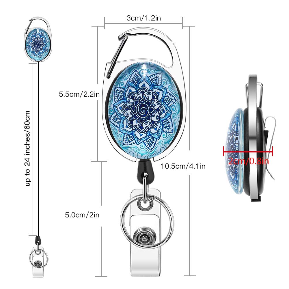 Xoqo Heavy Duty Retractable Badge Reel with Carabiner Clip - 3 Pack Crystal Glass Badge Holders for ID Cards, Keys & Accessories - Ideal for Nurses, Doctors, Teachers & Office Workers (Mandala Design)